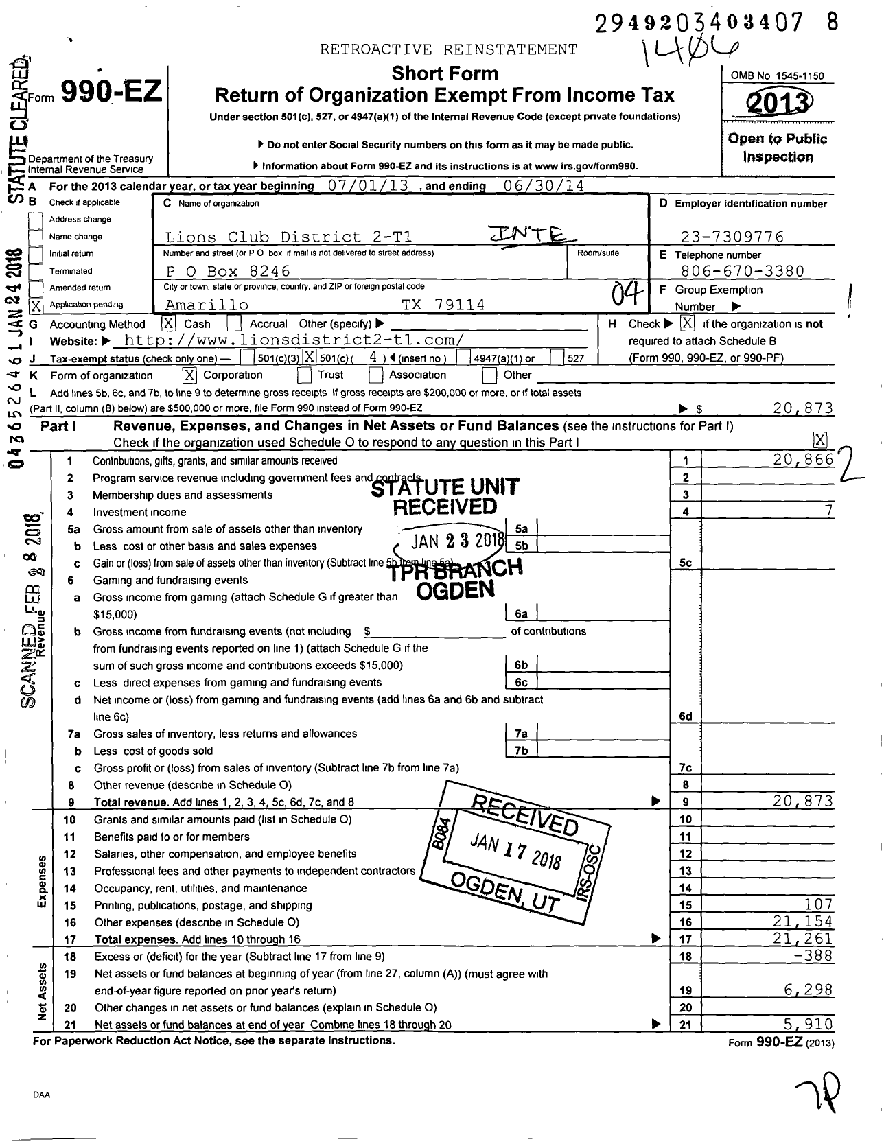 Image of first page of 2013 Form 990EO for District 2-t1 of the International Association of Lions Clubs