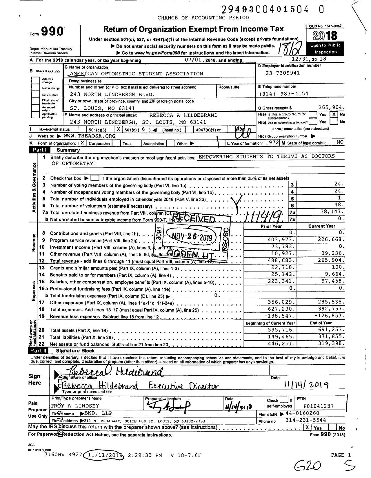 Image of first page of 2018 Form 990O for American Optometric Student Association