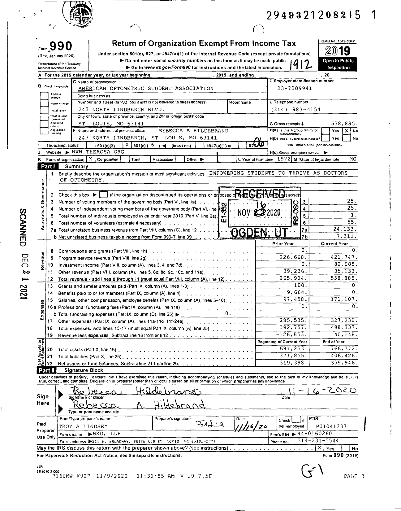 Image of first page of 2019 Form 990O for American Optometric Student Association