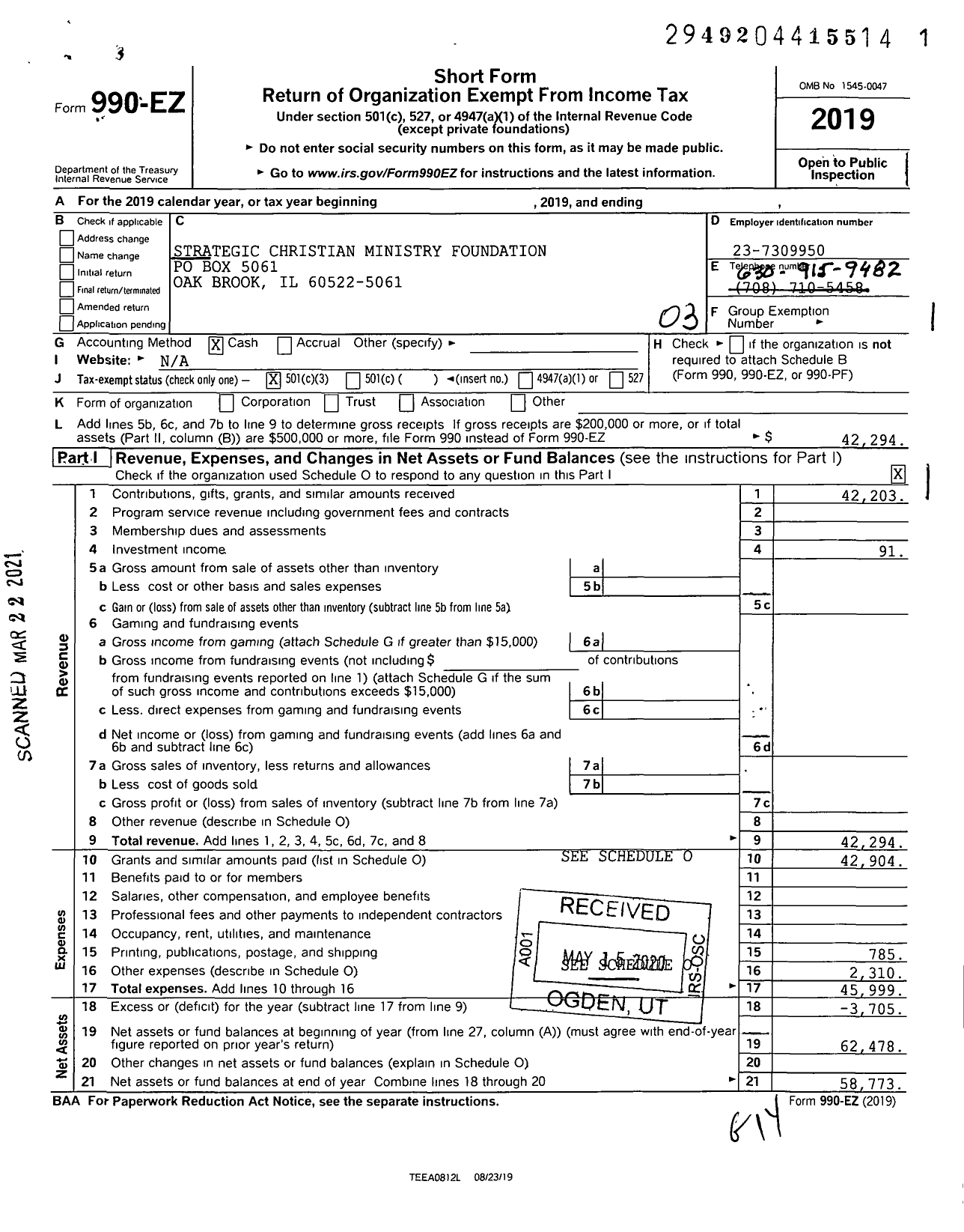 Image of first page of 2019 Form 990EZ for Strategic Christian Ministry Foundation