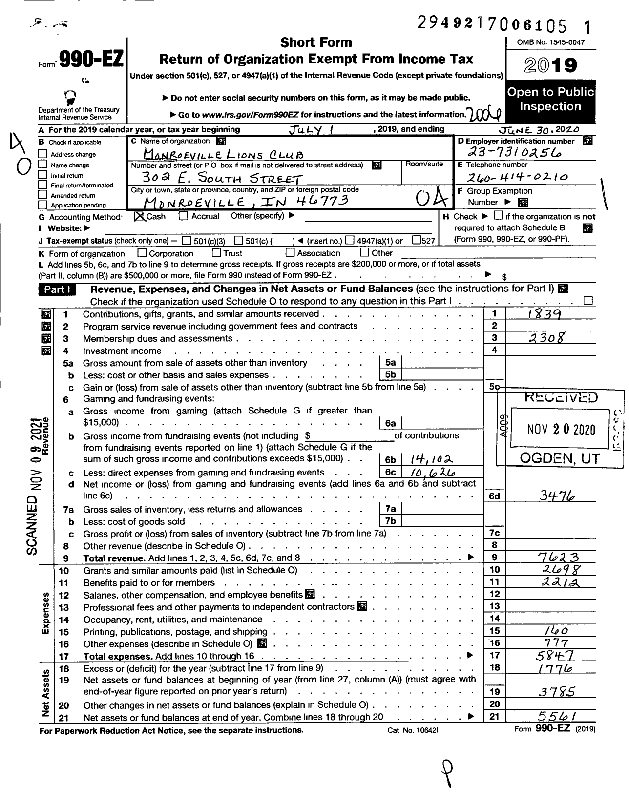 Image of first page of 2019 Form 990EO for Lions Clubs - 64471 Monroeville