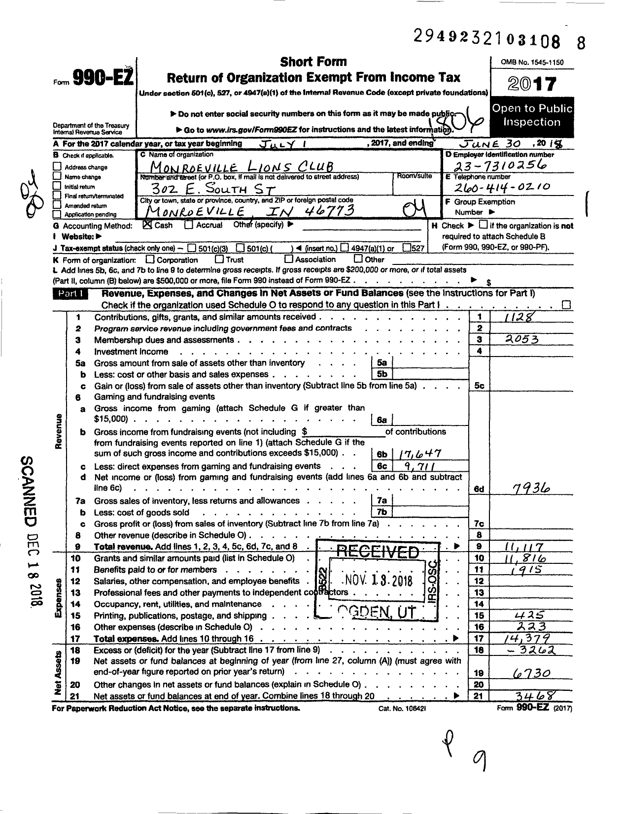 Image of first page of 2017 Form 990EO for Lions Clubs - 64471 Monroeville