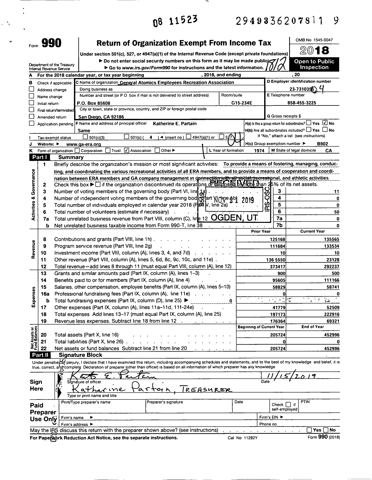 Image of first page of 2018 Form 990O for General Atomics Employees Recreation Association