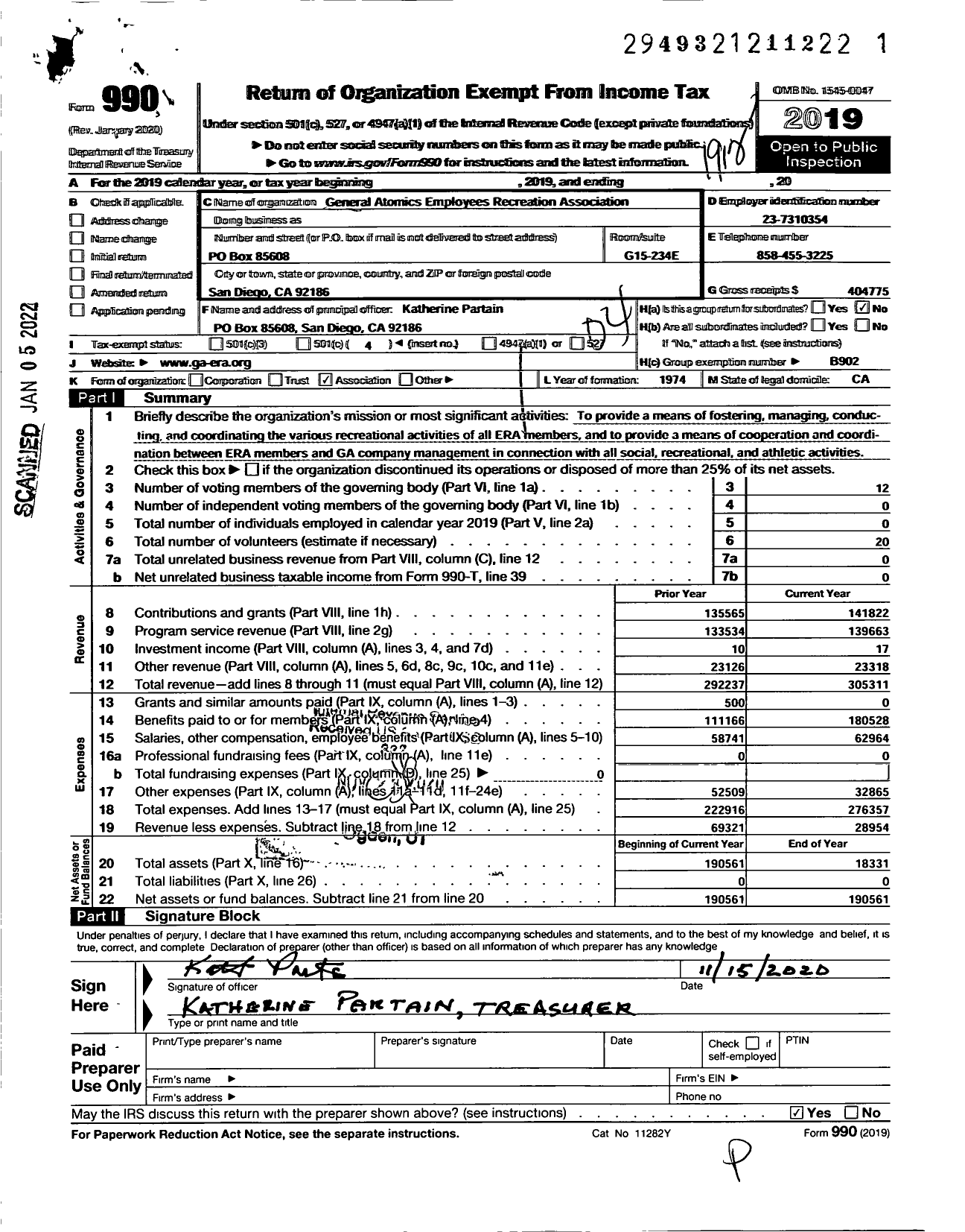 Image of first page of 2019 Form 990O for General Atomics Employees Recreation Association