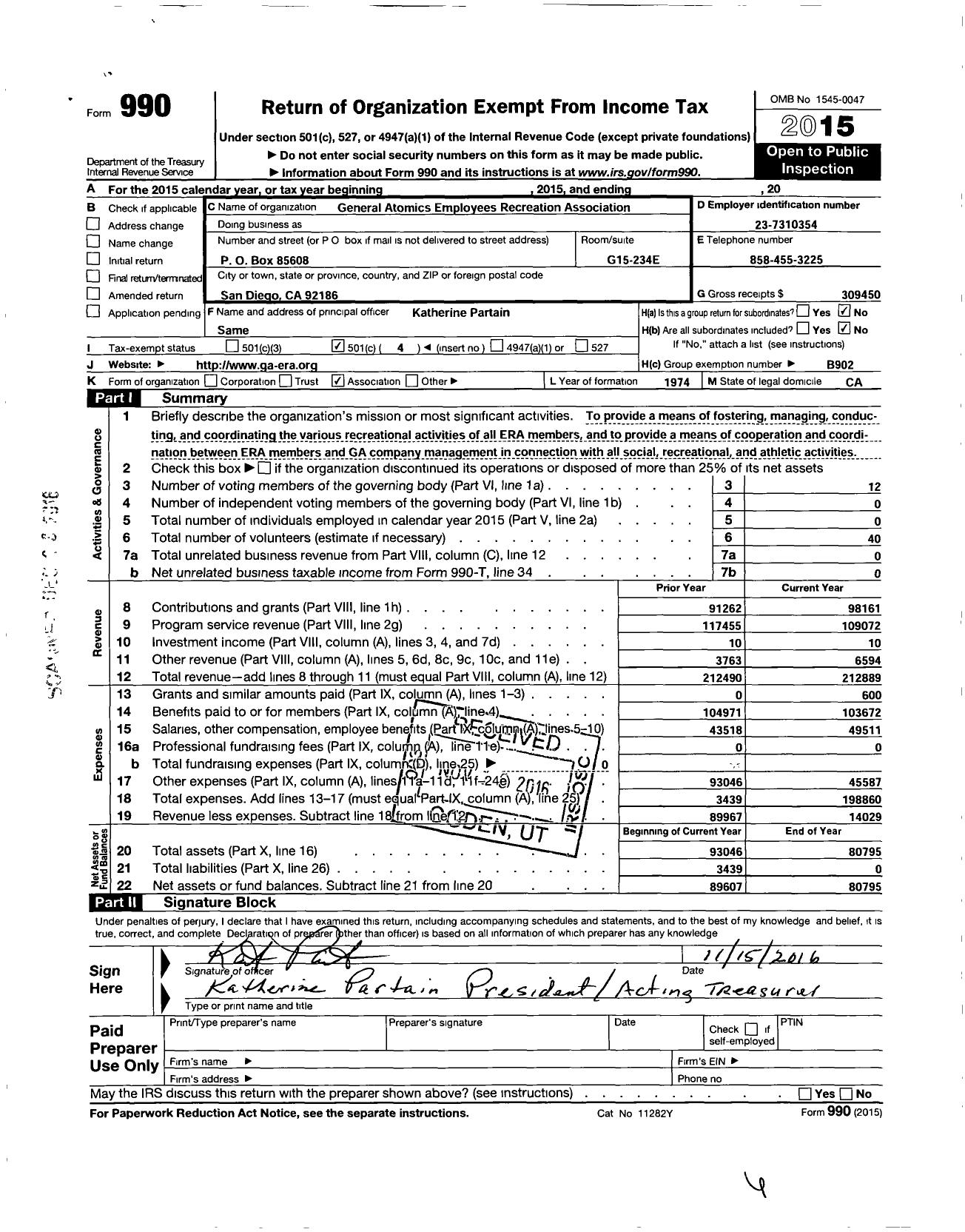 Image of first page of 2015 Form 990O for General Atomics Employees Recreation Association