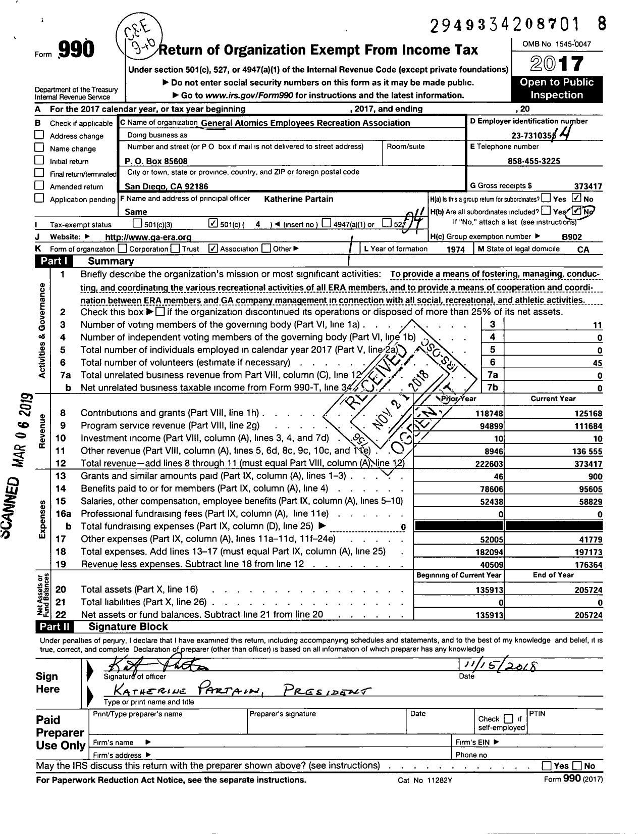 Image of first page of 2017 Form 990O for General Atomics Employees Recreation Association