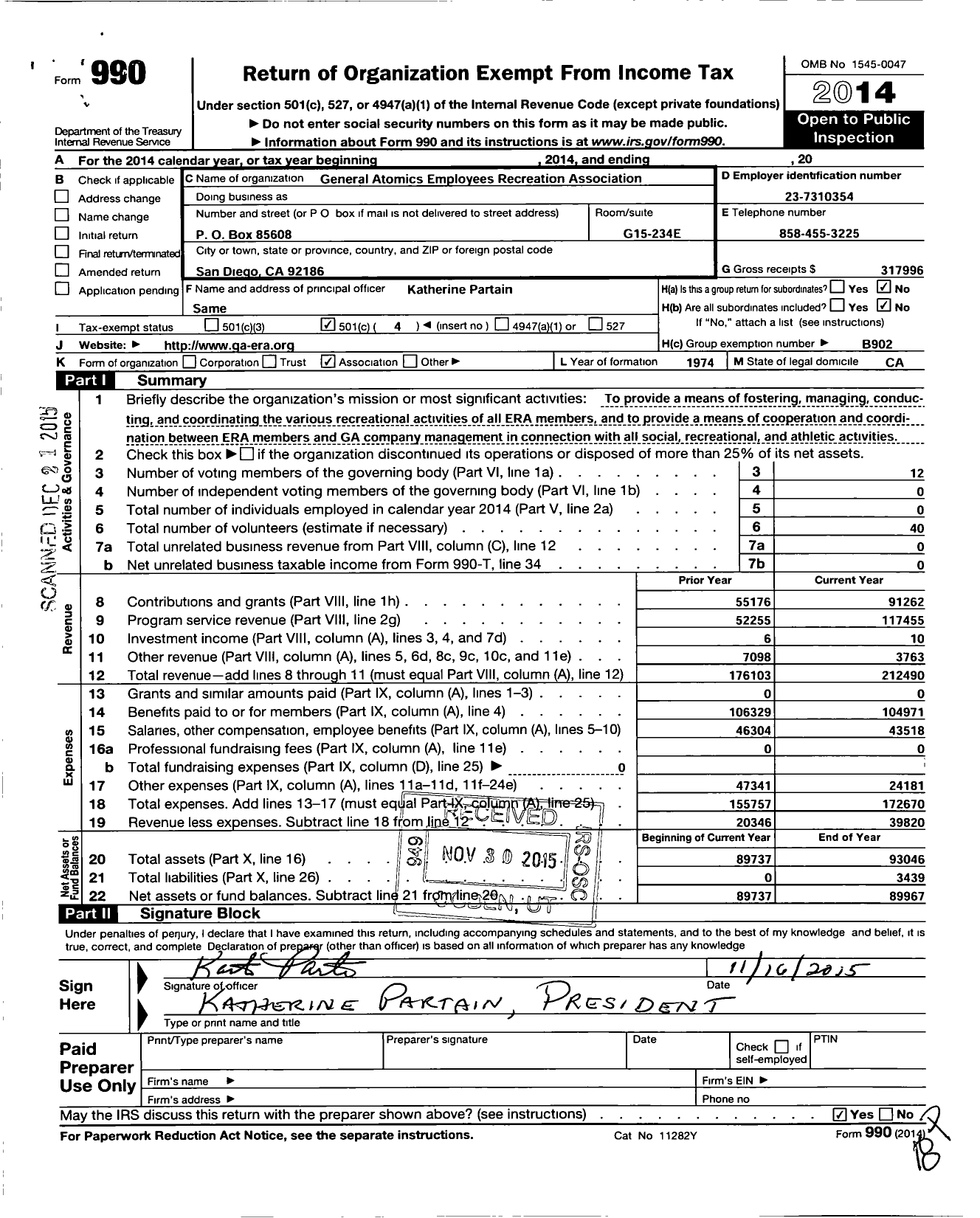 Image of first page of 2014 Form 990O for General Atomics Employees Recreation Association