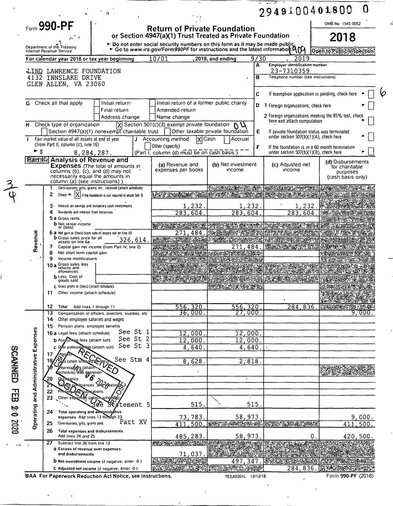 Image of first page of 2018 Form 990PF for Lind Lawrence Foundation