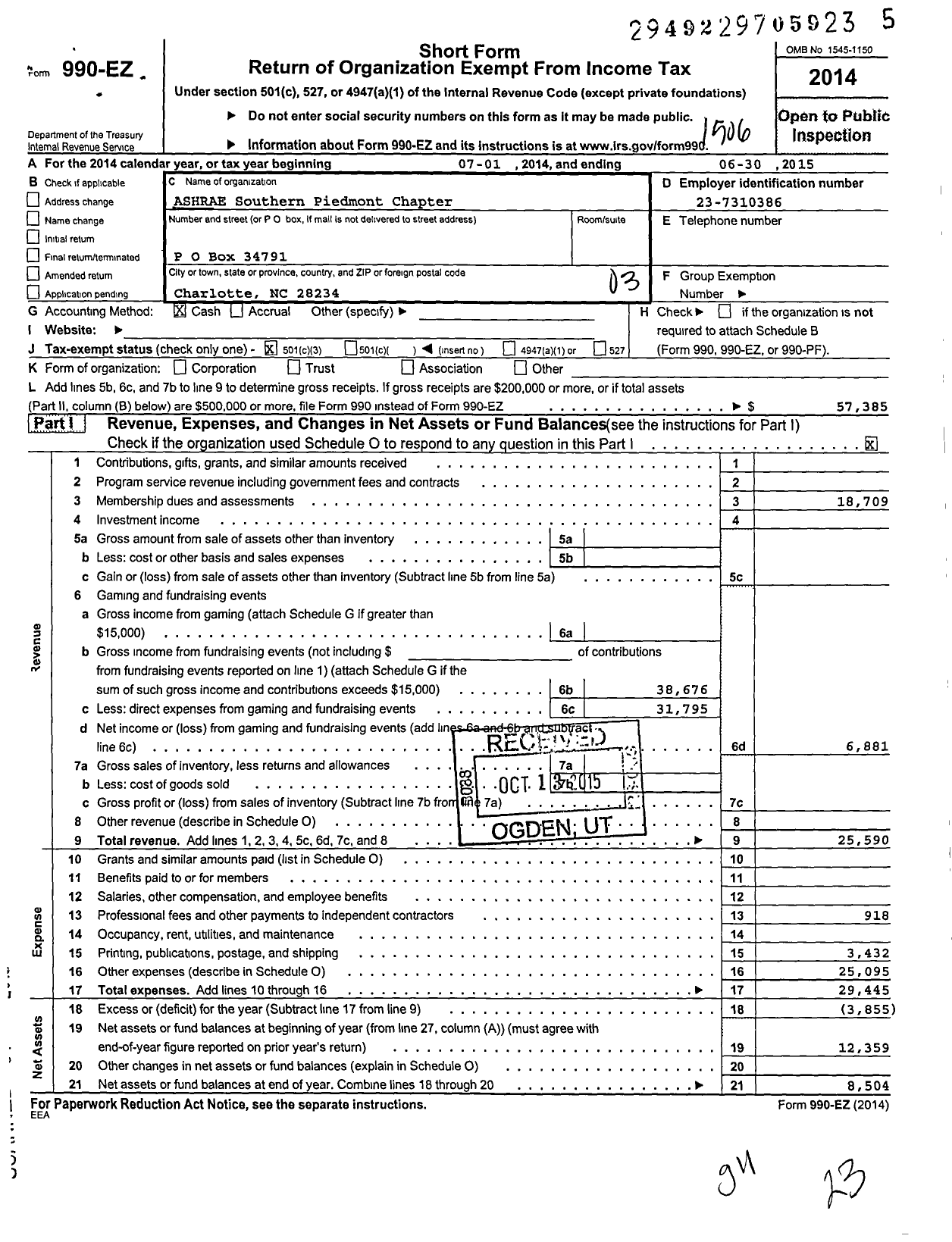 Image of first page of 2014 Form 990EZ for American Society of Heating Refrigerating and A-C Engineers / Southern Piedmont