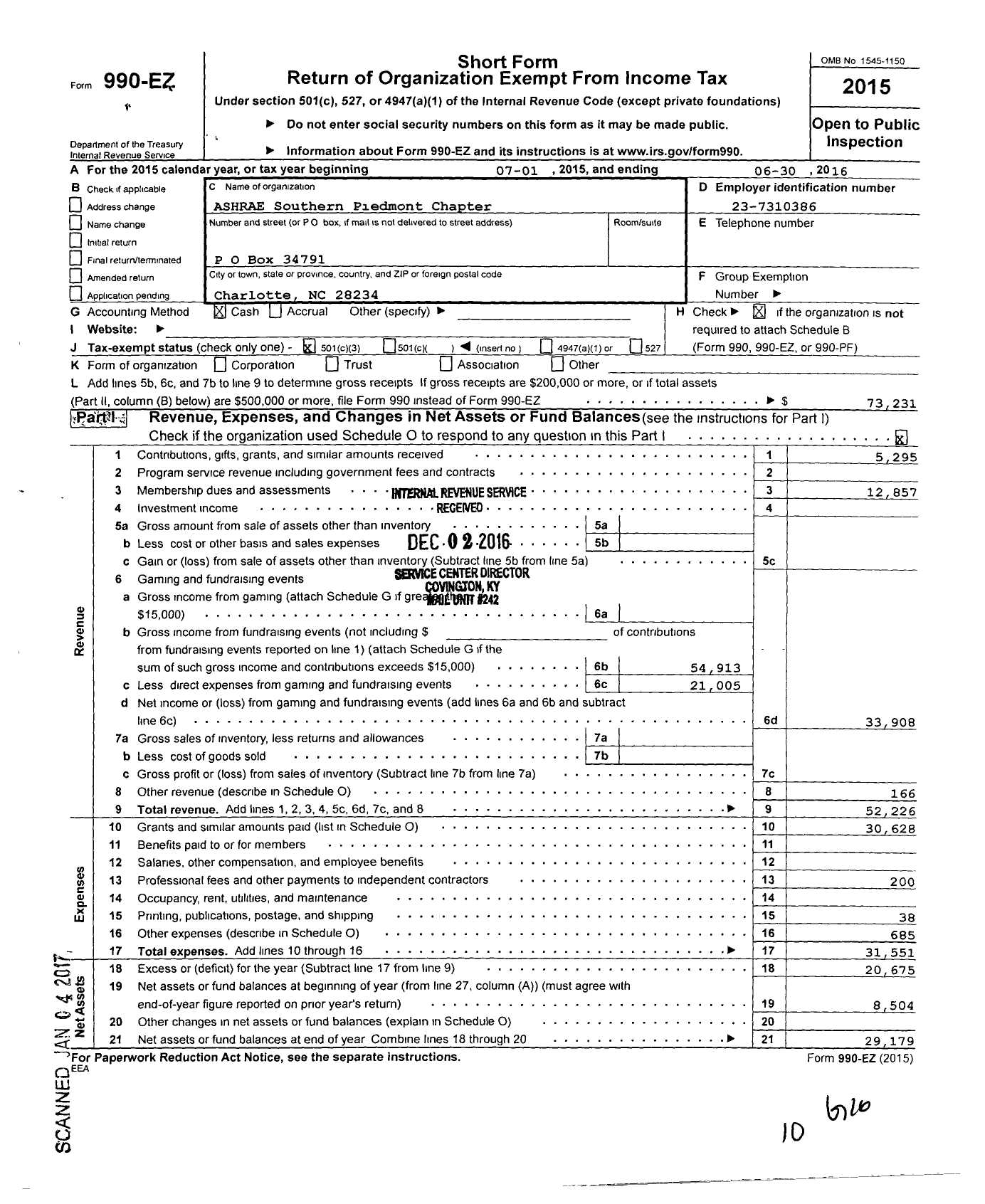 Image of first page of 2015 Form 990EZ for American Society of Heating Refrigerating and A-C Engineers / Southern Piedmont