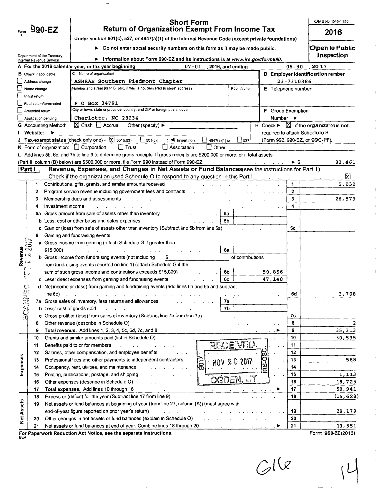 Image of first page of 2016 Form 990EZ for American Society of Heating Refrigerating and A-C Engineers / Southern Piedmont