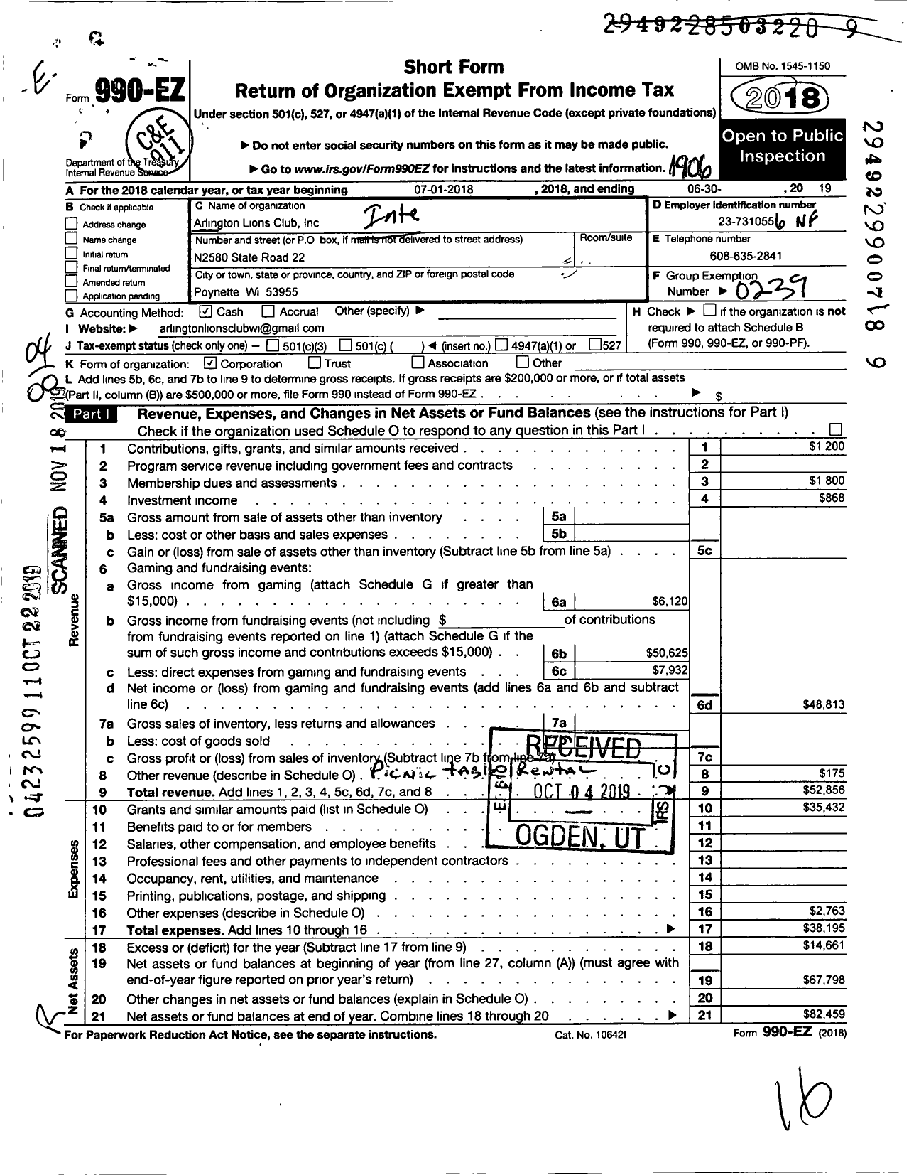 Image of first page of 2018 Form 990EO for Arlington Lions Club