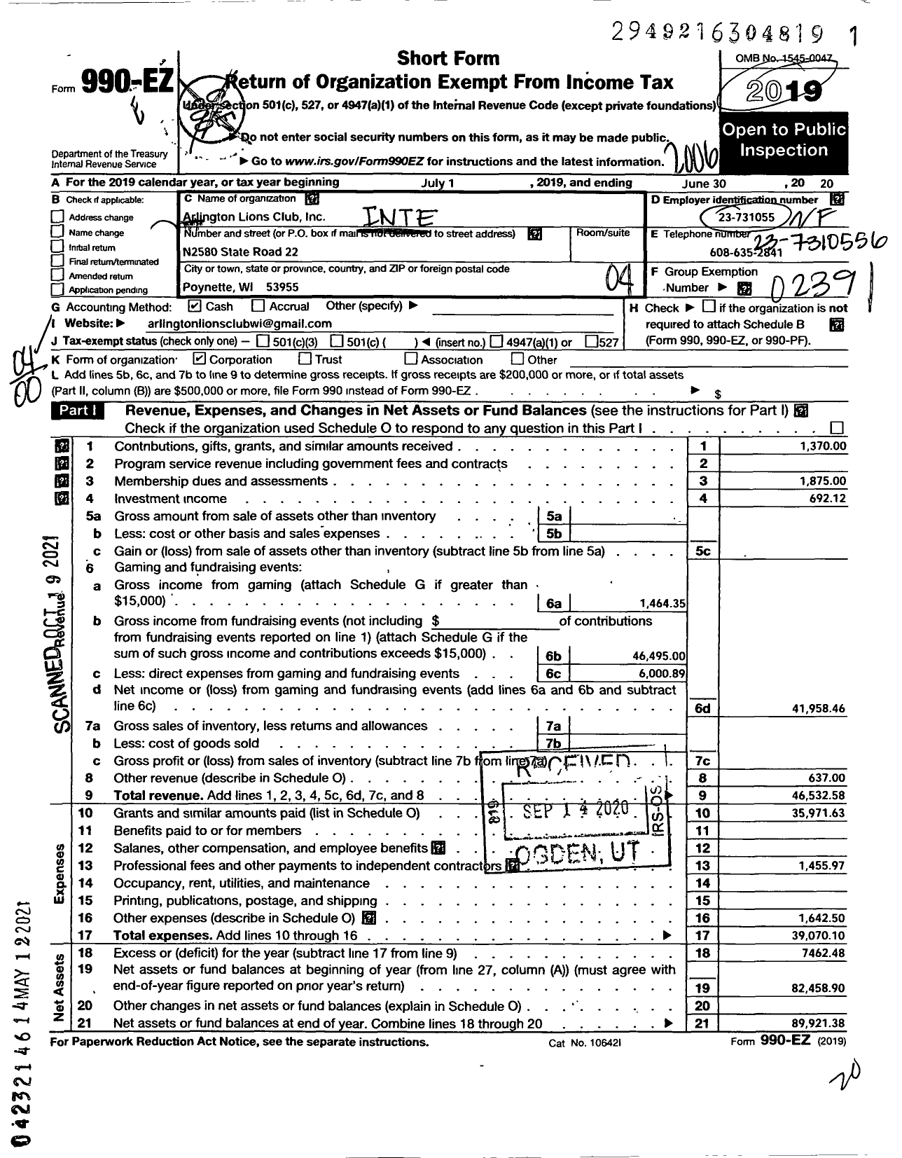 Image of first page of 2019 Form 990EO for Arlington Lions Club