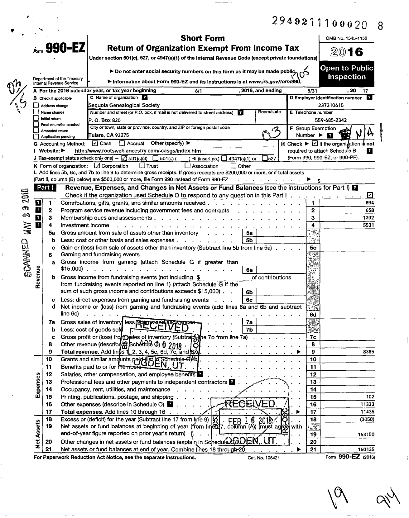 Image of first page of 2016 Form 990EZ for Sequoia Genealogical Society