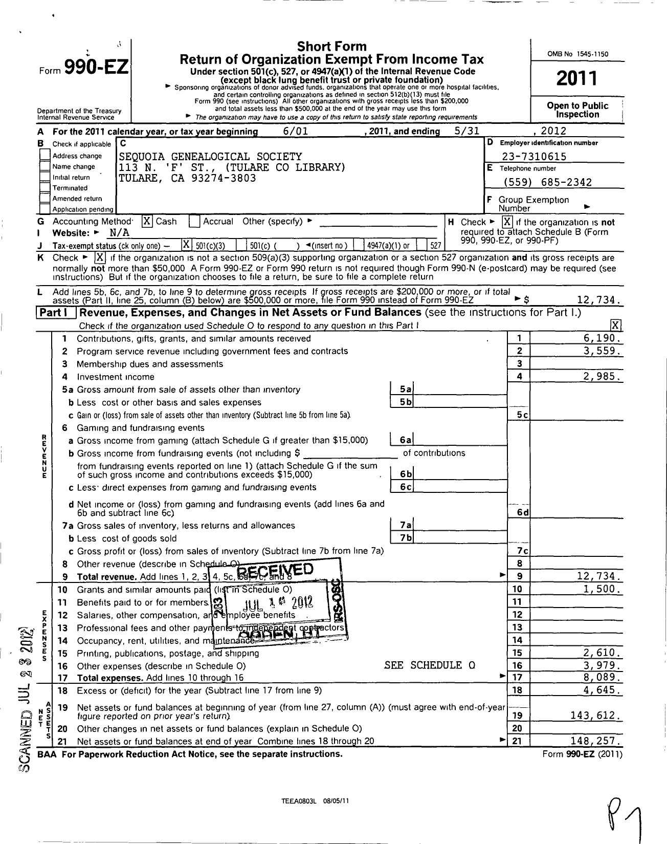 Image of first page of 2011 Form 990EZ for Sequoia Genealogical Society