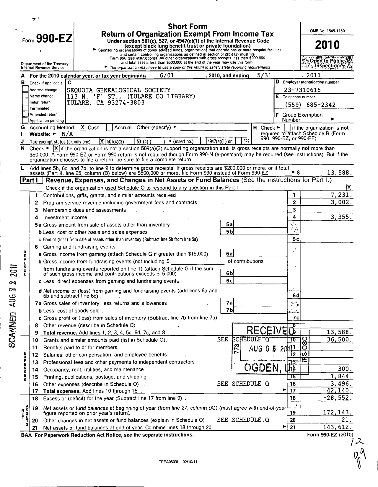 Image of first page of 2010 Form 990EZ for Sequoia Genealogical Society