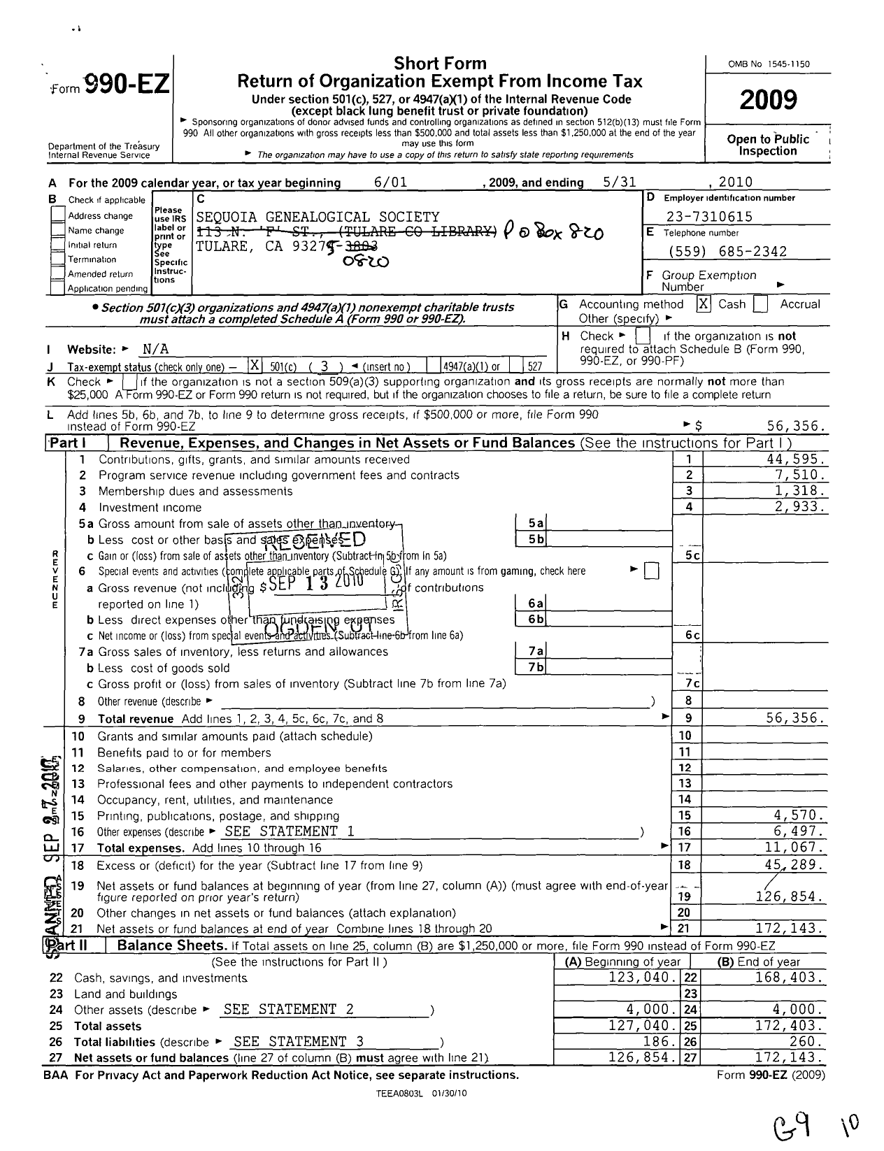 Image of first page of 2009 Form 990EZ for Sequoia Genealogical Society