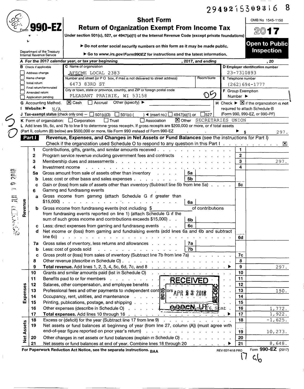 Image of first page of 2017 Form 990EO for American Federation of State County & Municipal Employees - L2383wi Kenosha Wis Unified SCH Dis