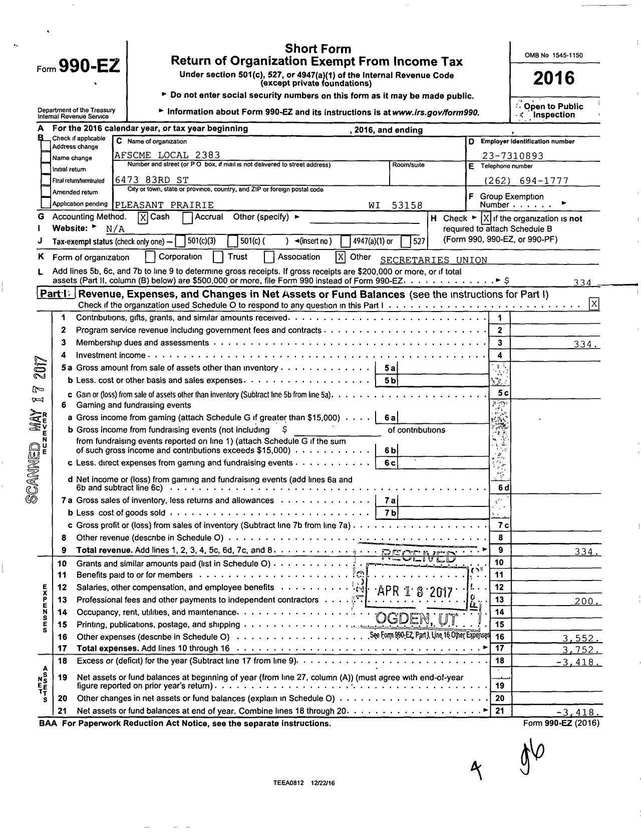 Image of first page of 2016 Form 990EO for American Federation of State County & Municipal Employees - L2383wi Kenosha Wis Unified SCH Dis