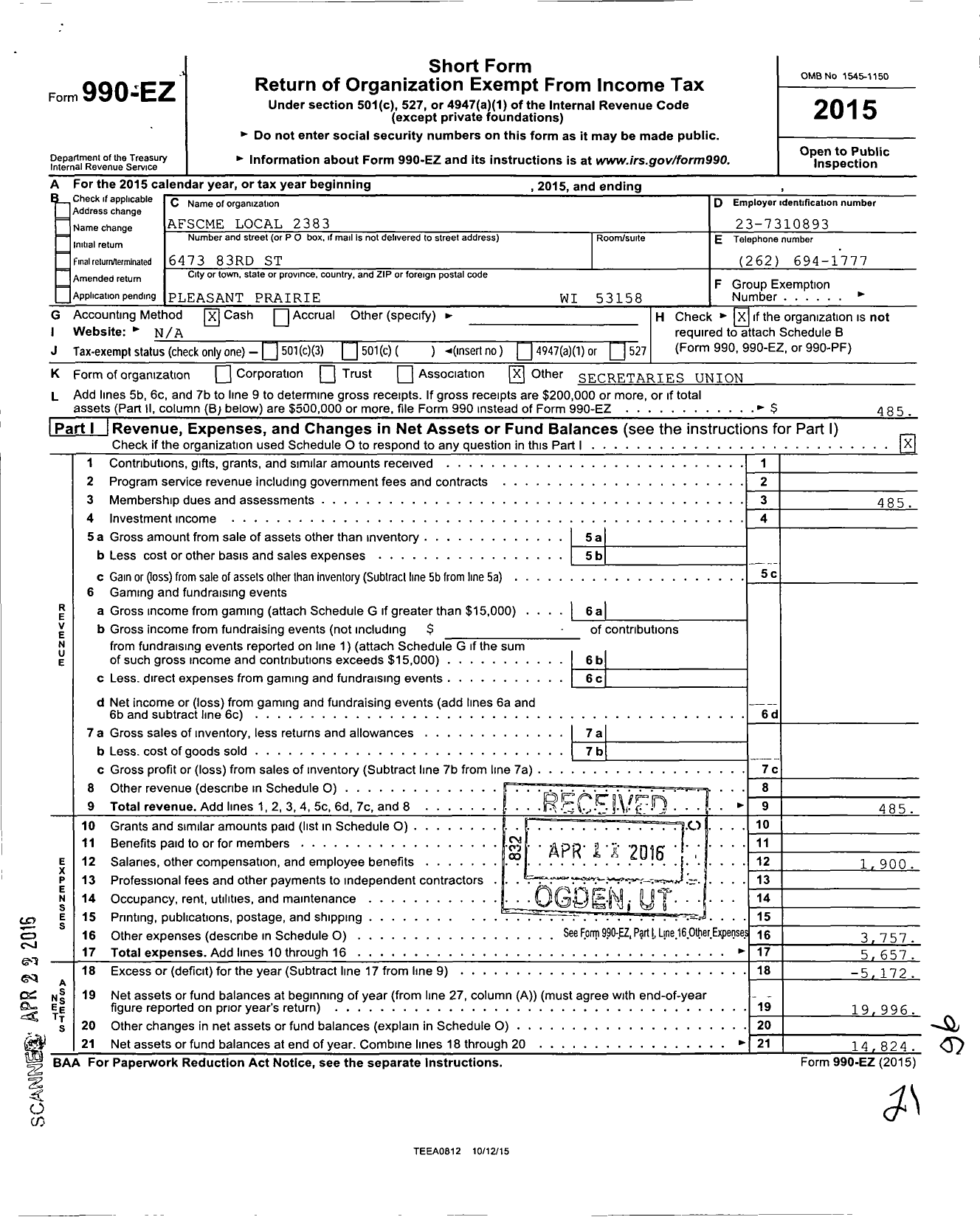 Image of first page of 2015 Form 990EO for American Federation of State County & Municipal Employees - L2383wi Kenosha Wis Unified SCH Dis