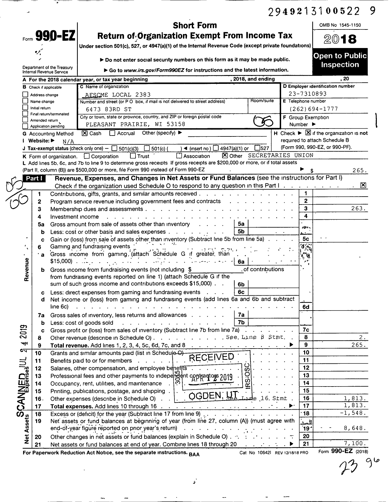 Image of first page of 2018 Form 990EO for American Federation of State County & Municipal Employees - L2383wi Kenosha Wis Unified SCH Dis