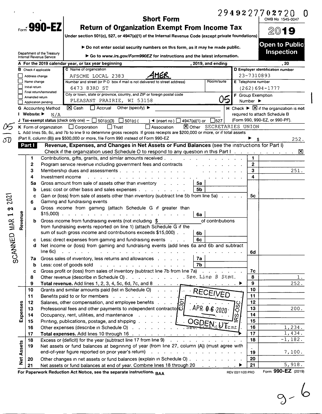 Image of first page of 2019 Form 990EO for American Federation of State County & Municipal Employees - L2383wi Kenosha Wis Unified SCH Dis