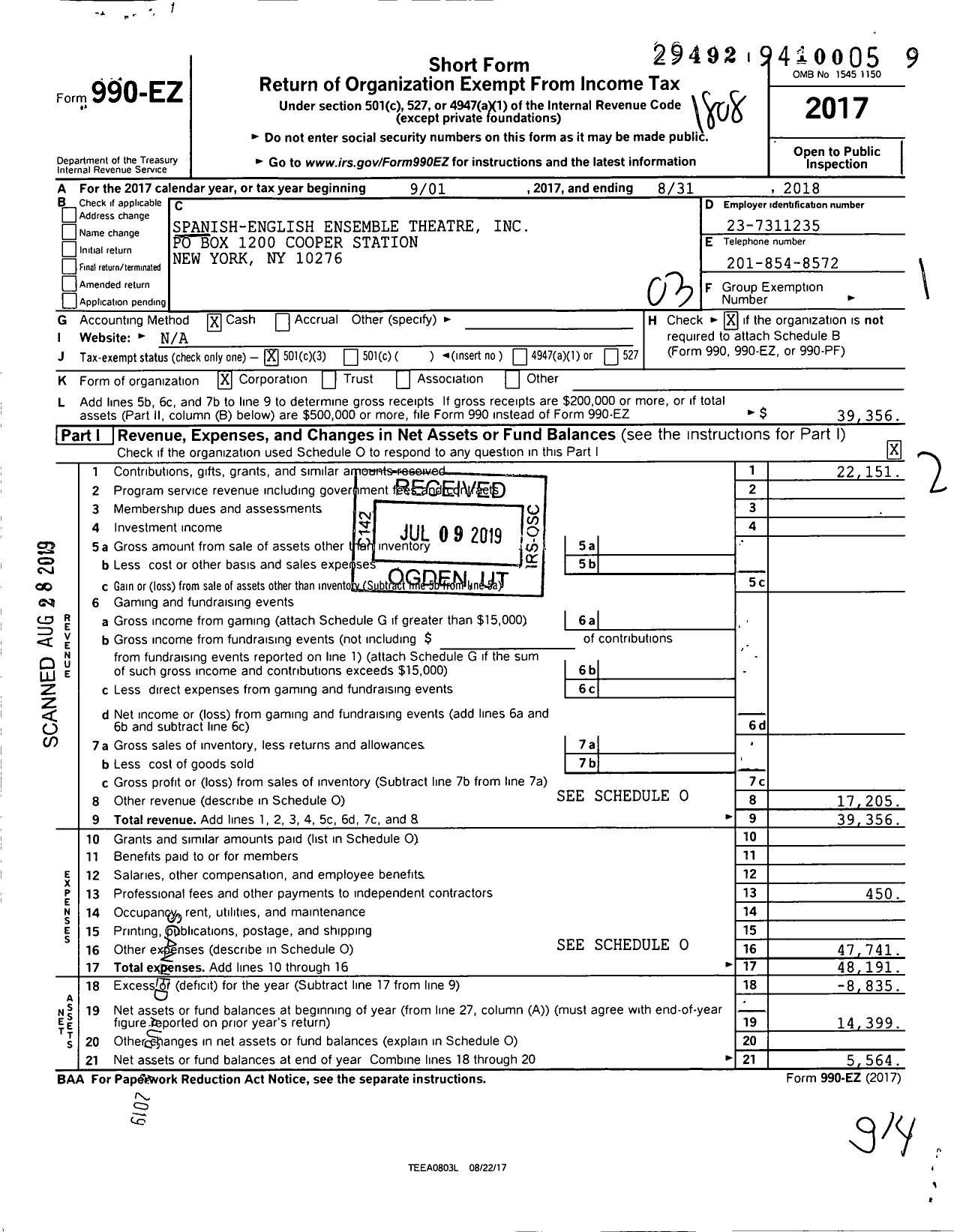 Image of first page of 2017 Form 990EZ for Spanish-English Ensemble Theatre