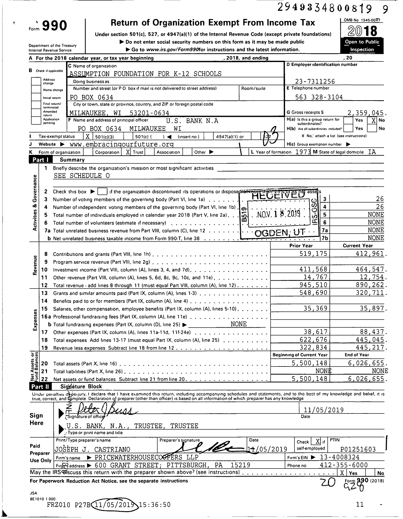 Image of first page of 2018 Form 990 for Assumption Foundation for K-12 Schools