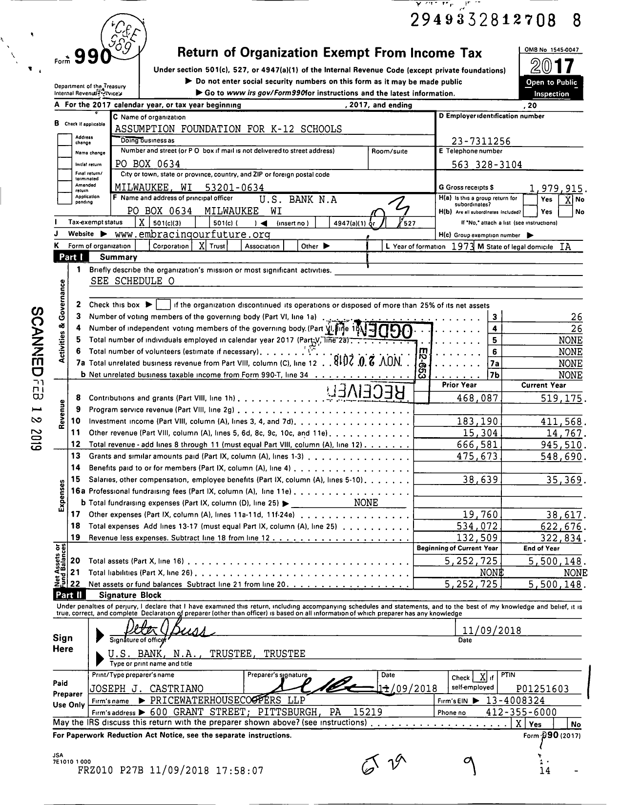 Image of first page of 2017 Form 990 for Assumption Foundation for K-12 Schools