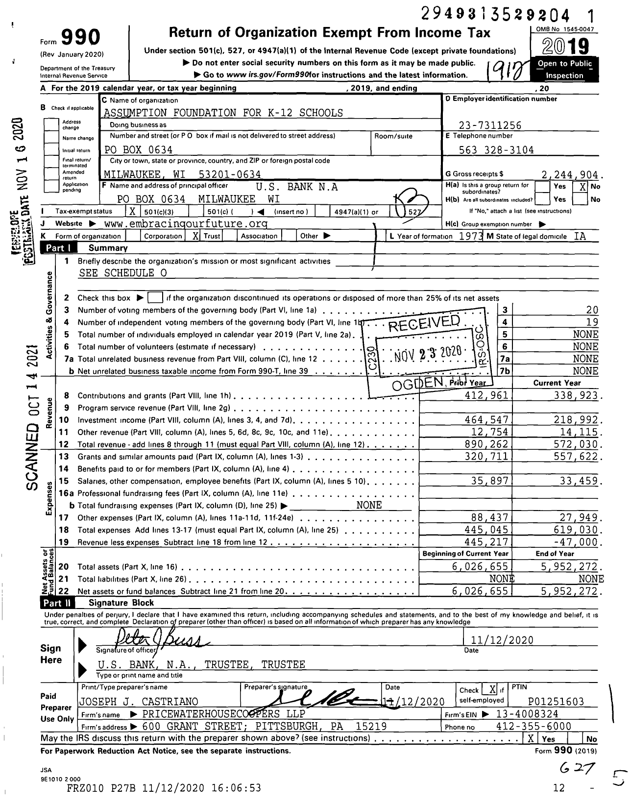 Image of first page of 2019 Form 990 for Assumption Foundation for K-12 Schools