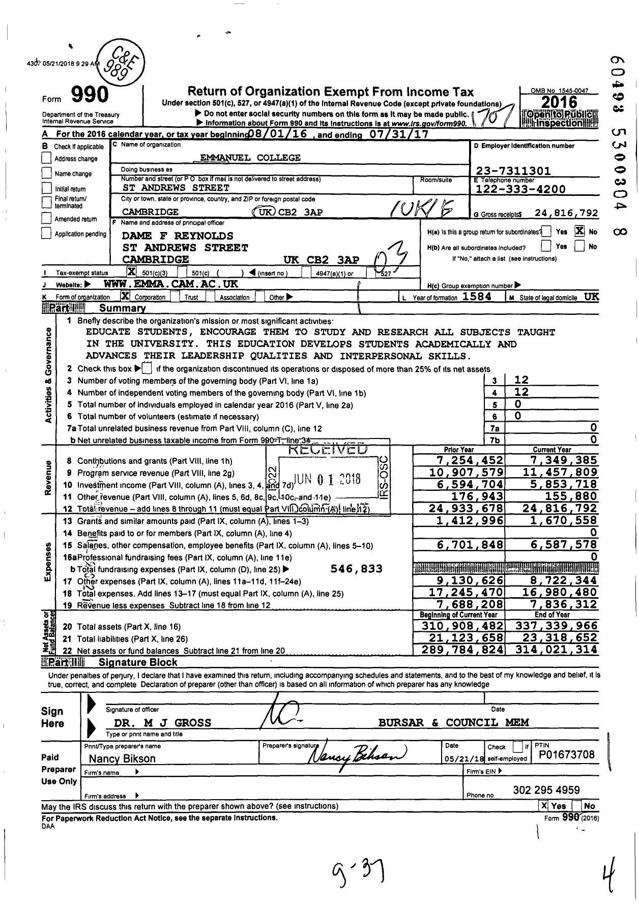 Image of first page of 2016 Form 990 for Emmanuel College
