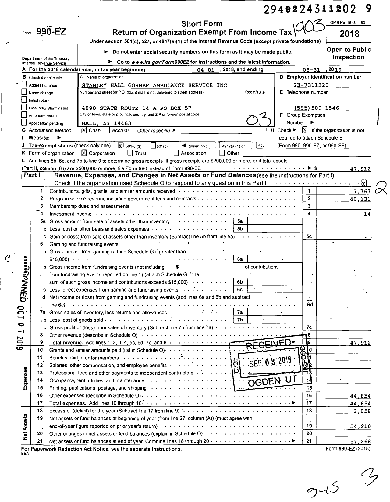 Image of first page of 2018 Form 990EZ for Stanley Hall Gorham Ambulance Service