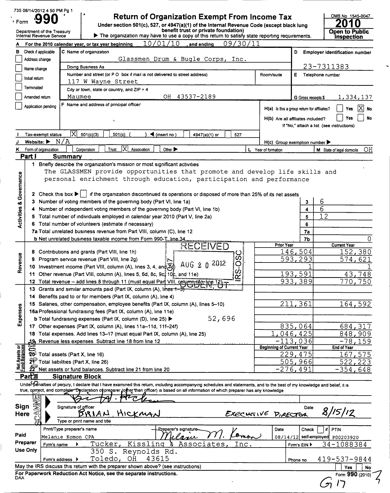 Image of first page of 2010 Form 990 for Glassmen Drum and Bugle Corps