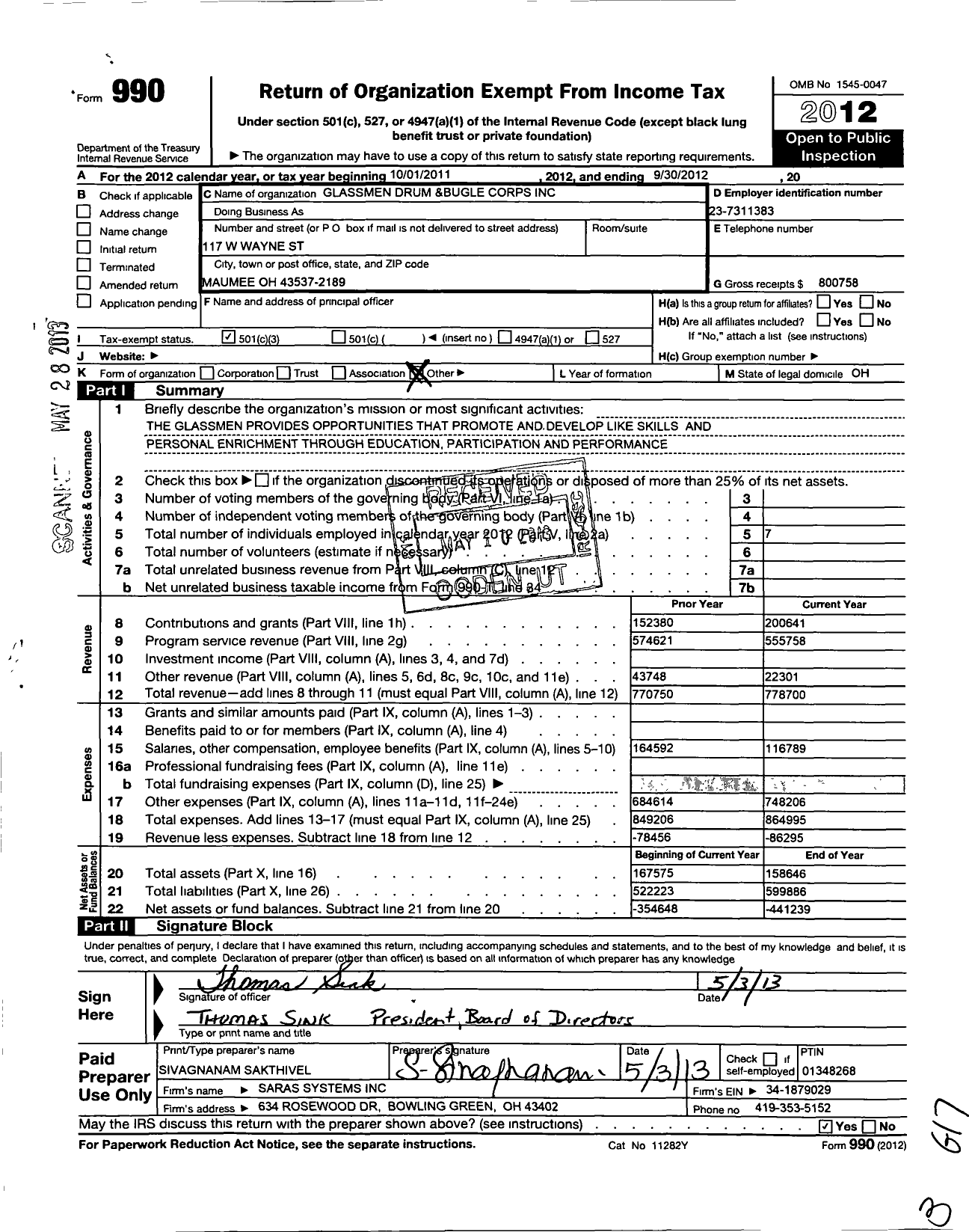 Image of first page of 2011 Form 990 for Glassmen Drum and Bugle Corps