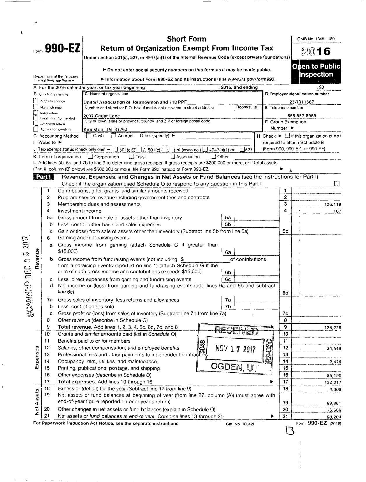 Image of first page of 2016 Form 990EO for United Association of Journeymen and 718 PPF