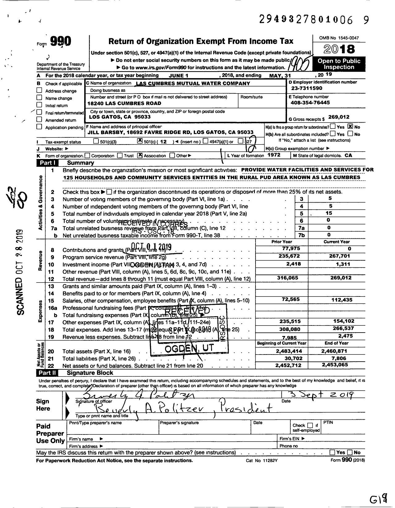 Image of first page of 2018 Form 990O for Las Cumbres Mutual Water Company