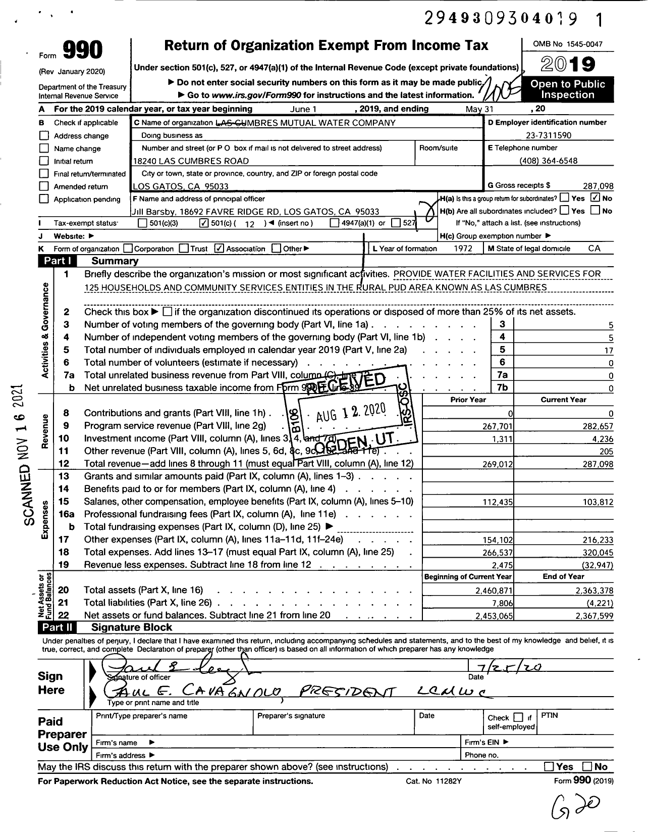 Image of first page of 2019 Form 990O for Las Cumbres Mutual Water Company