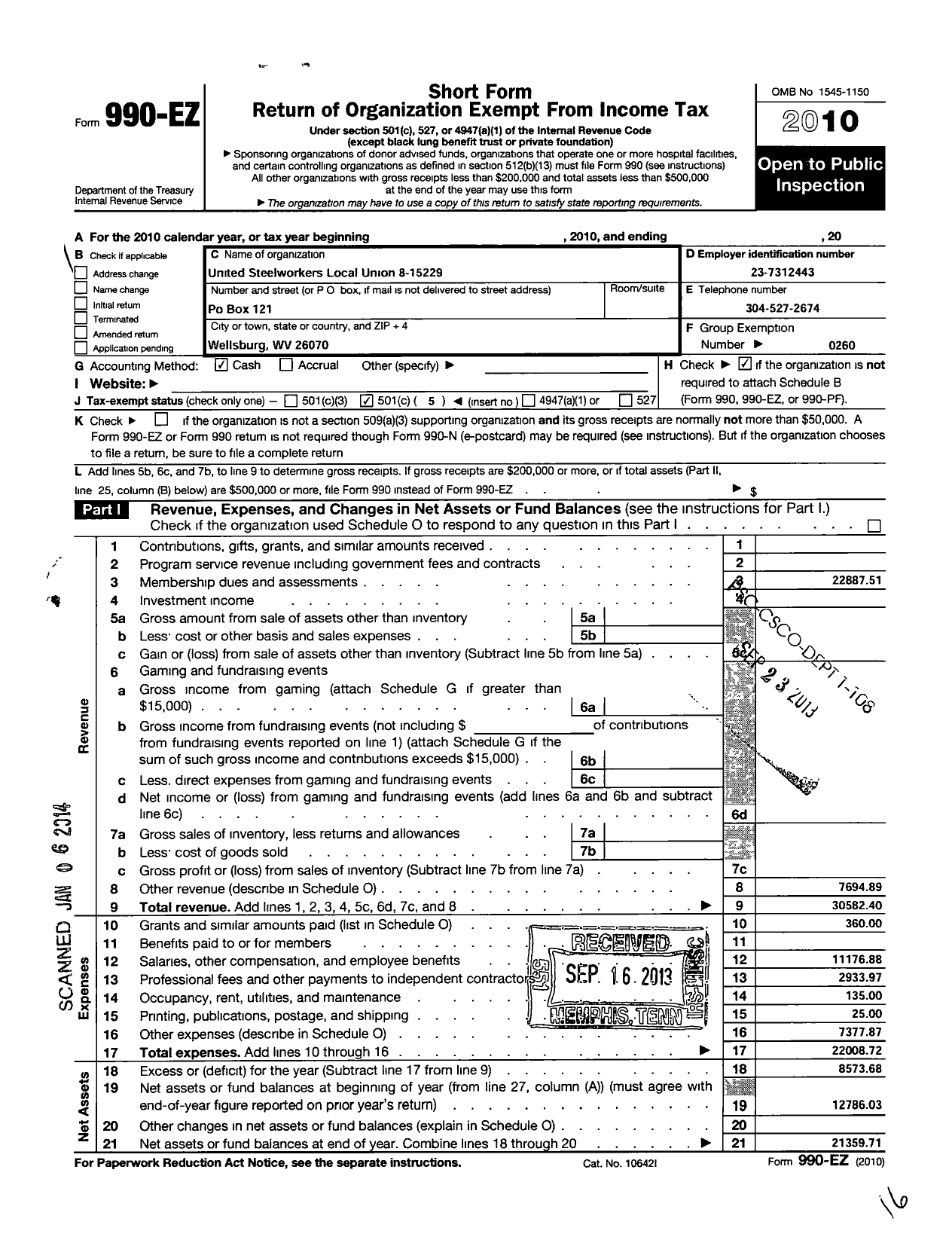 Image of first page of 2010 Form 990EO for United Steelworkers - 15229 Local