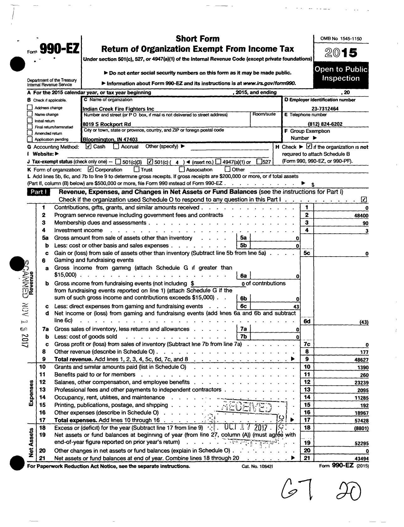 Image of first page of 2015 Form 990EO for Indian Creek Fire Fighters