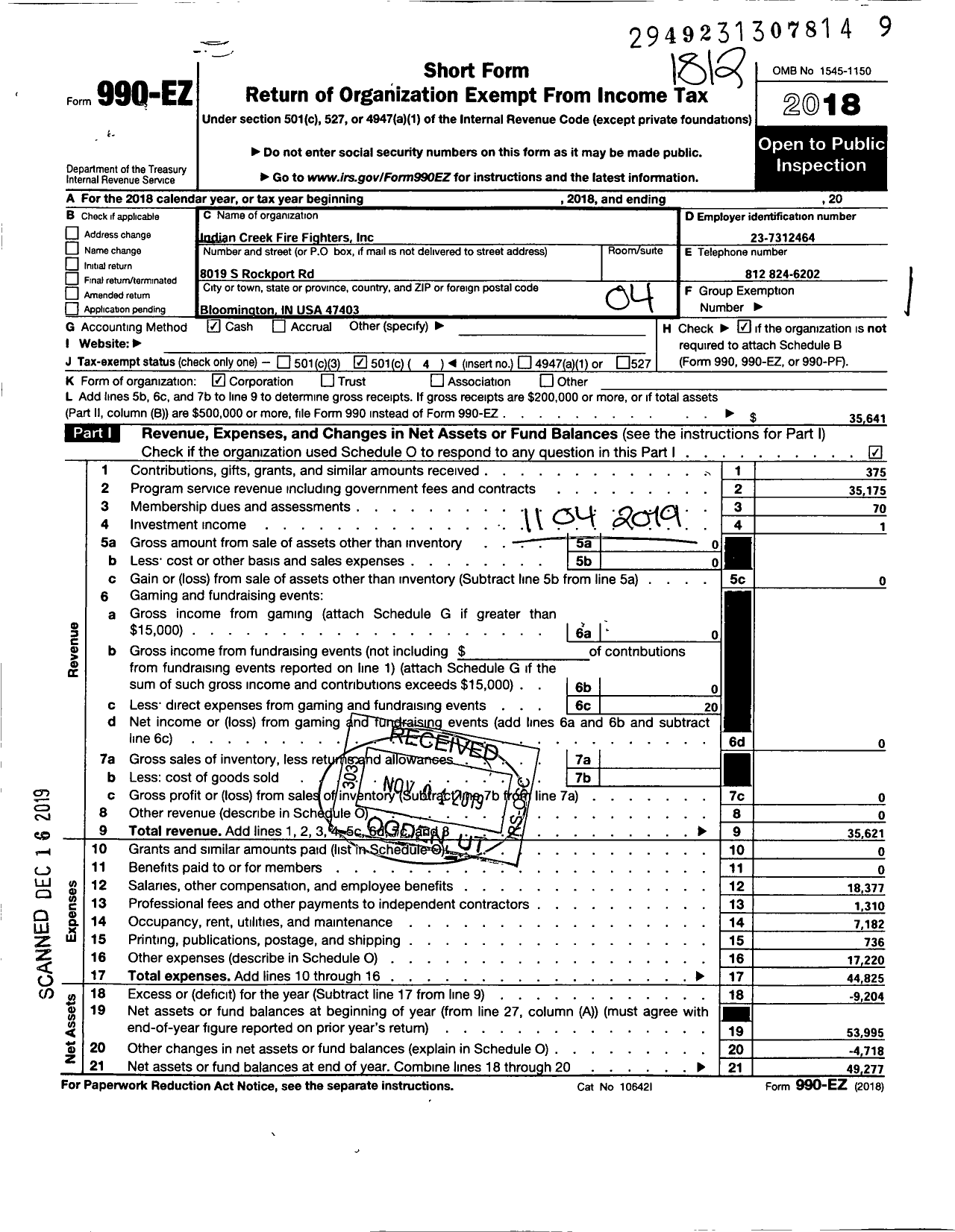 Image of first page of 2018 Form 990EO for Indian Creek Fire Fighters