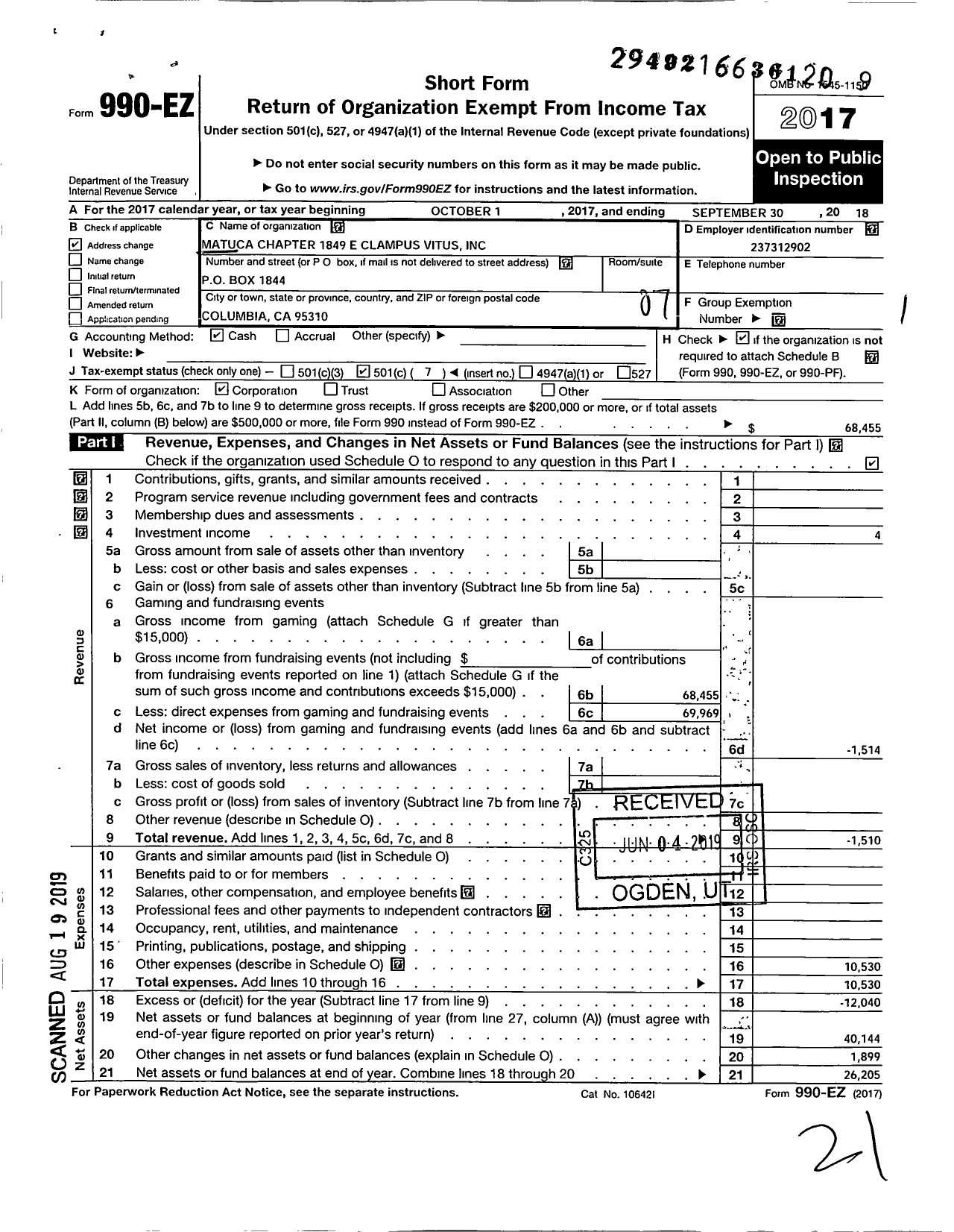 Image of first page of 2017 Form 990EO for Matuca Chapter 1849 E Clampus Vitus