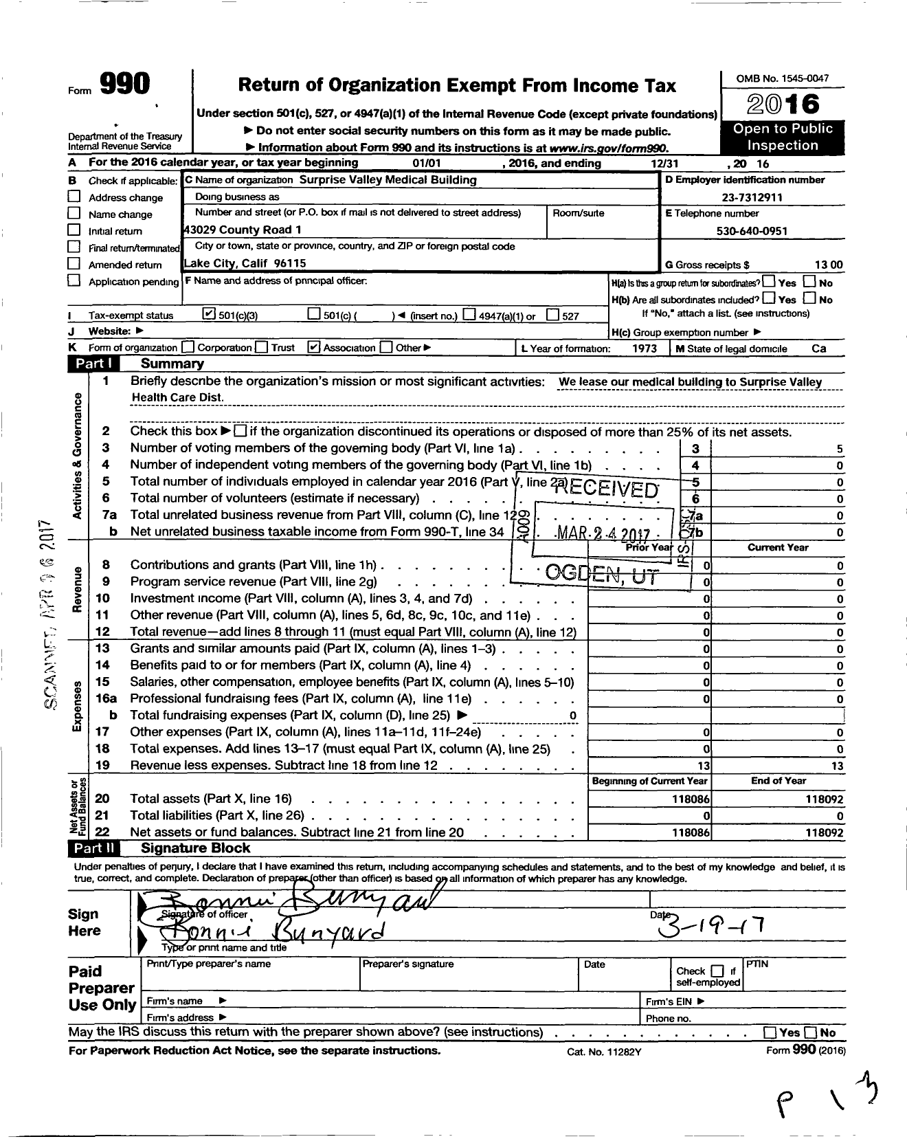 Image of first page of 2016 Form 990 for Surprise Valley Medical Building Association