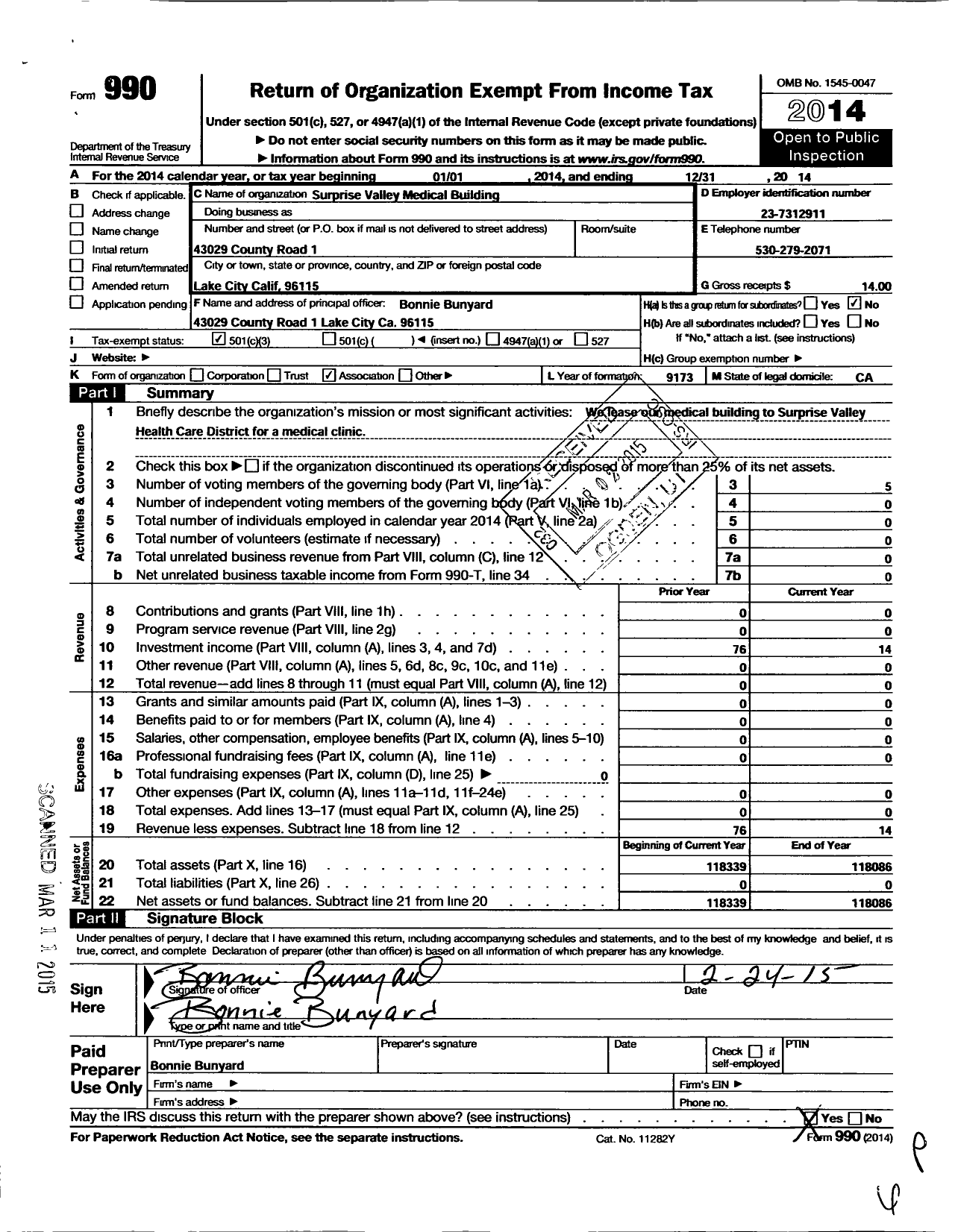 Image of first page of 2014 Form 990 for Surprise Valley Medical Building Association