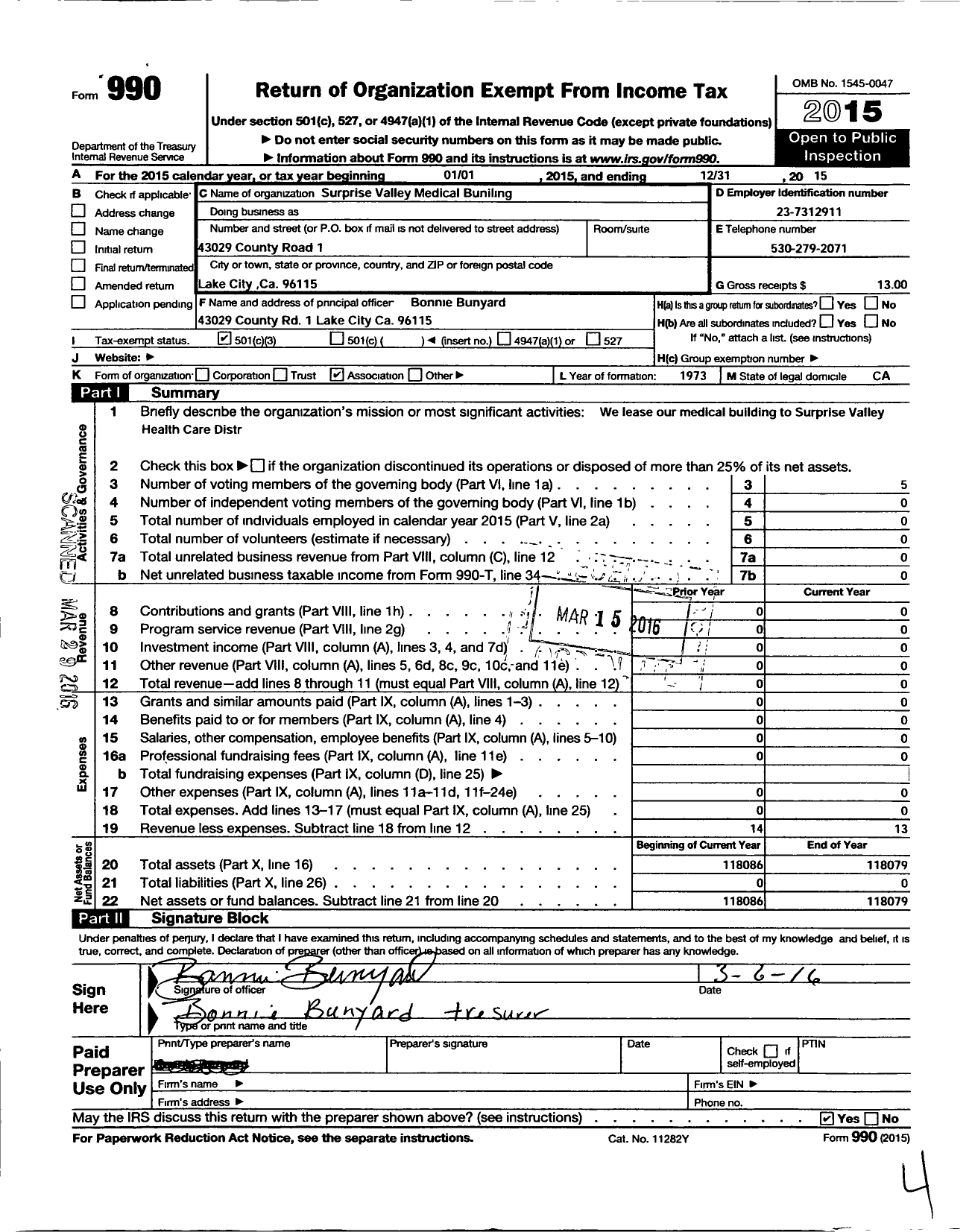 Image of first page of 2015 Form 990 for Surprise Valley Medical Building Association