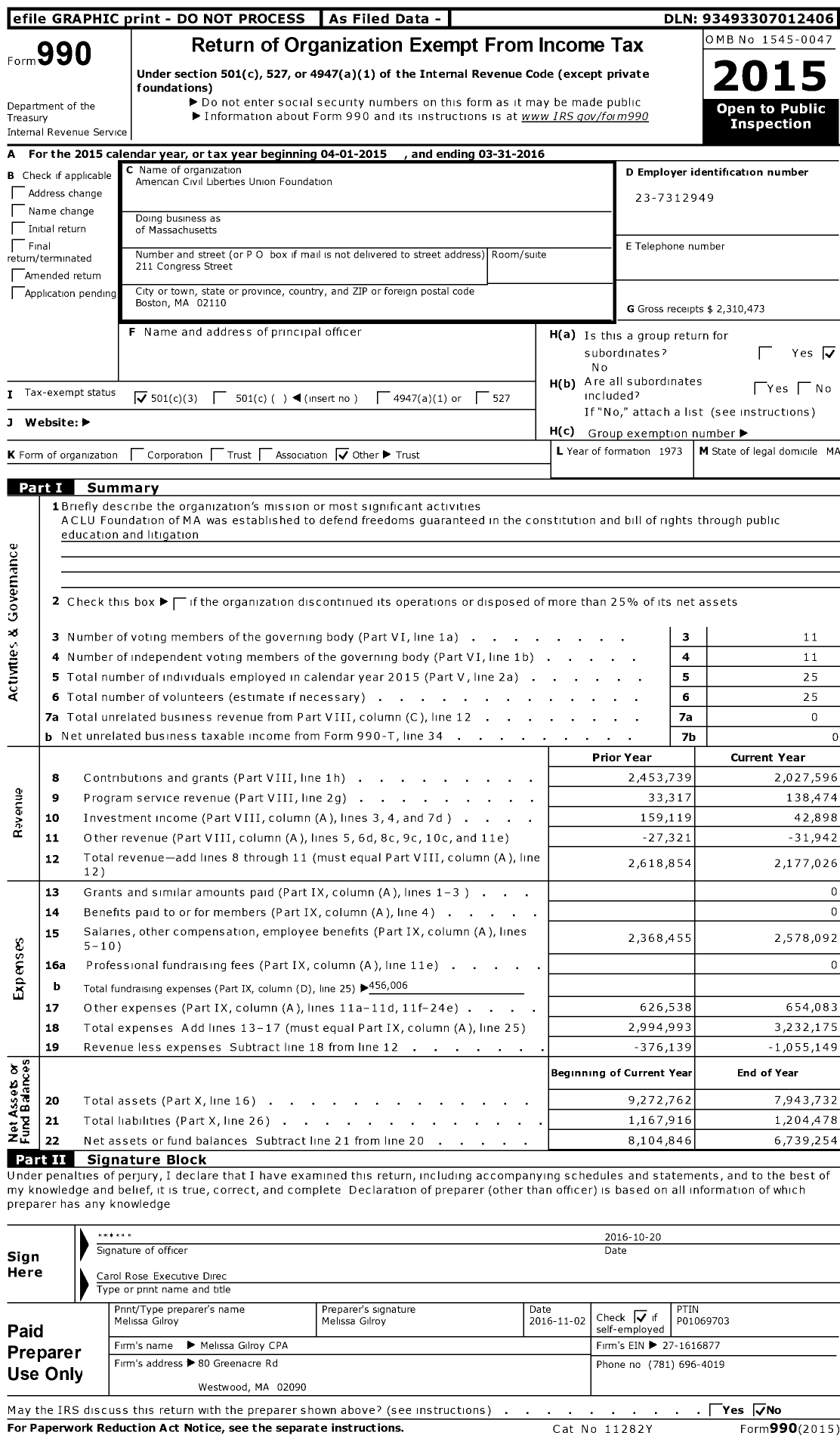 Image of first page of 2015 Form 990 for American Civil Liberties Union of Massachusetts (ACLUM)