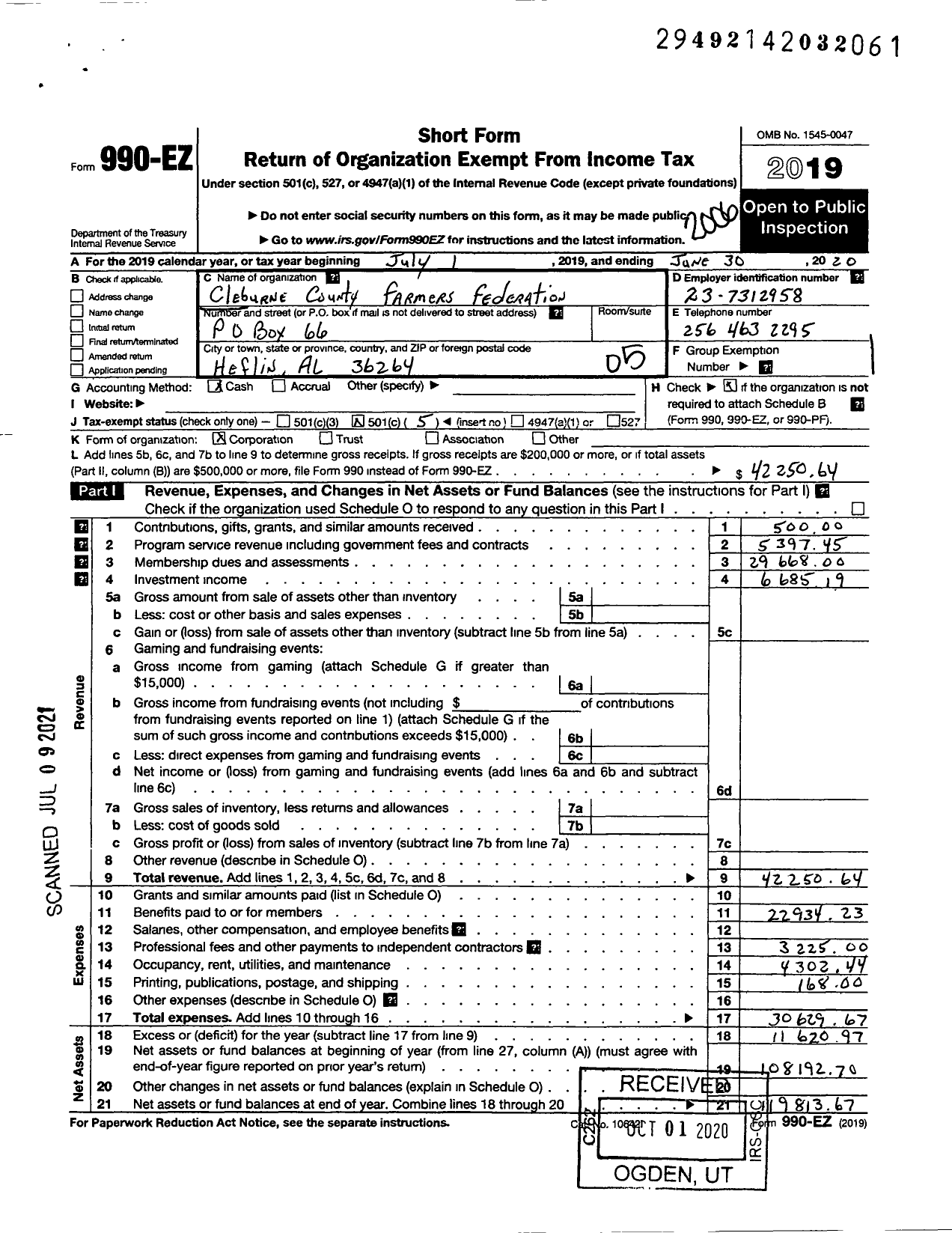 Image of first page of 2019 Form 990EO for Cleburne County Farmers Bureau