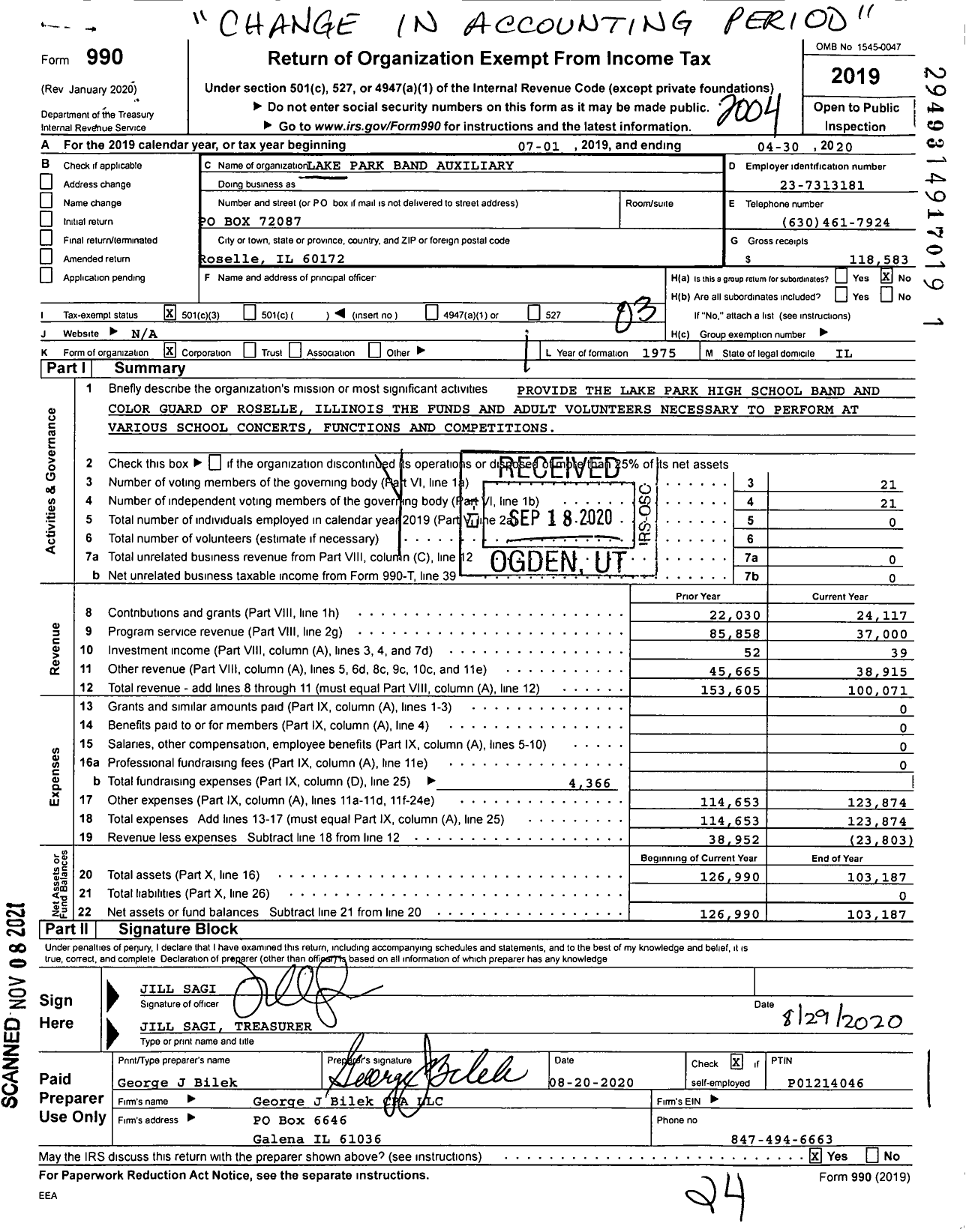 Image of first page of 2019 Form 990 for Lake Park Band Auxiliary