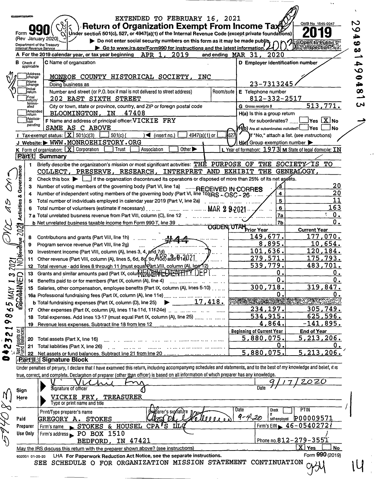 Image of first page of 2019 Form 990 for Monroe County Historical Society