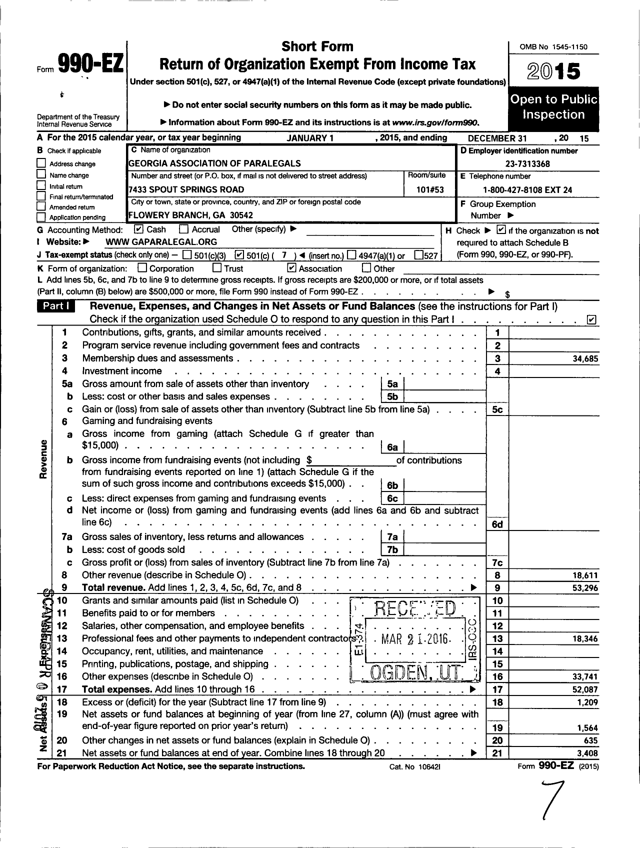 Image of first page of 2015 Form 990EO for Georgia Association of Legal Assistants