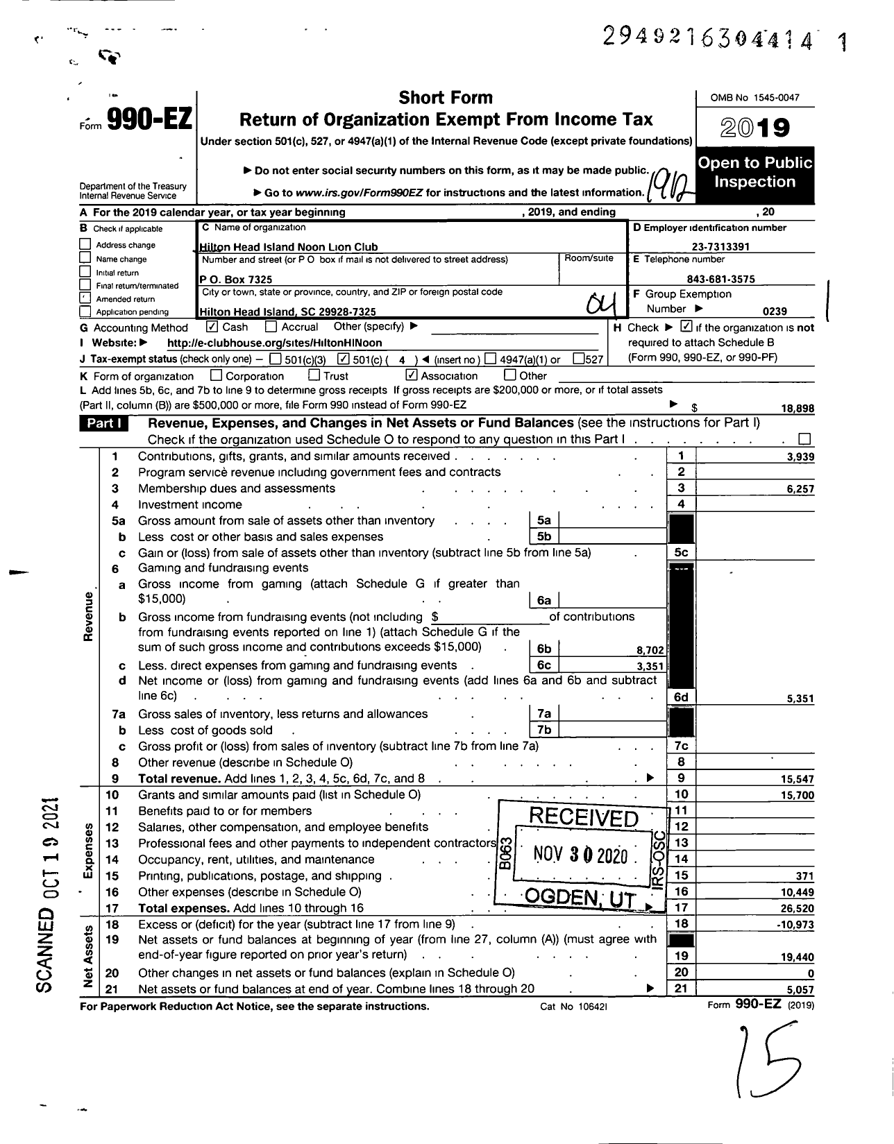 Image of first page of 2019 Form 990EO for Lions Clubs - 11839 Hilton Head Island